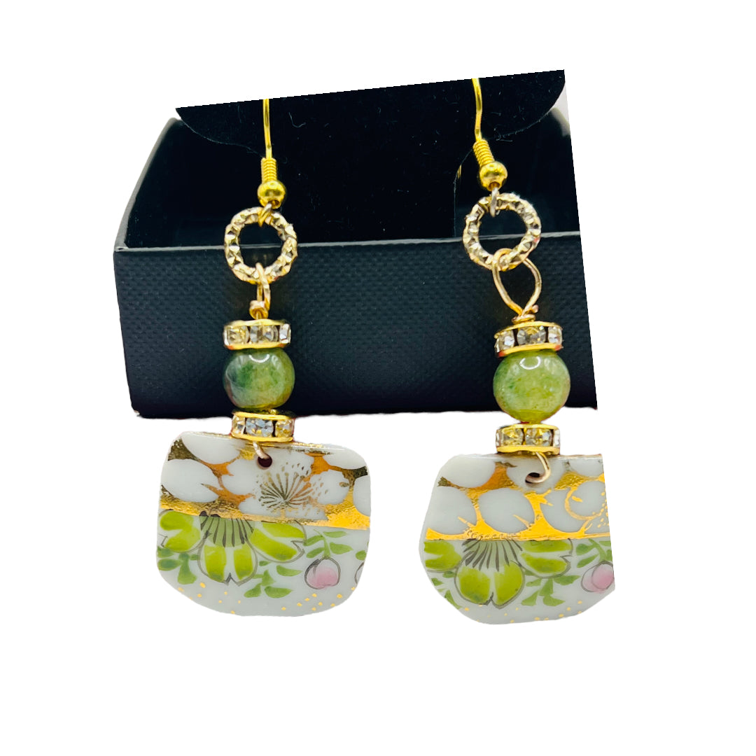 Broken Fine Bone China Dangle Earrings With Green Agate Stones
