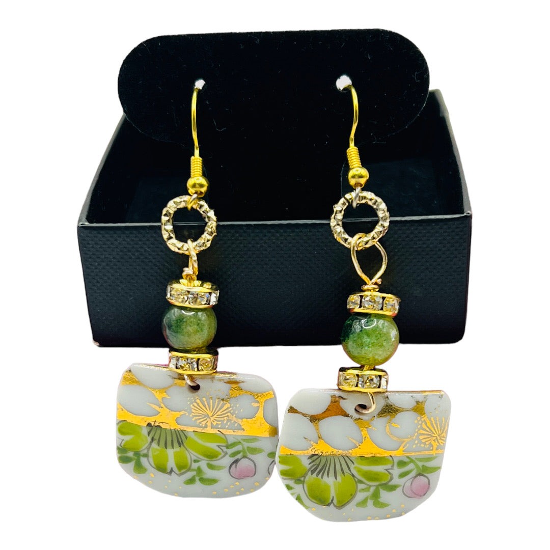 Broken Fine Bone China Dangle Earrings With Green Agate Stones