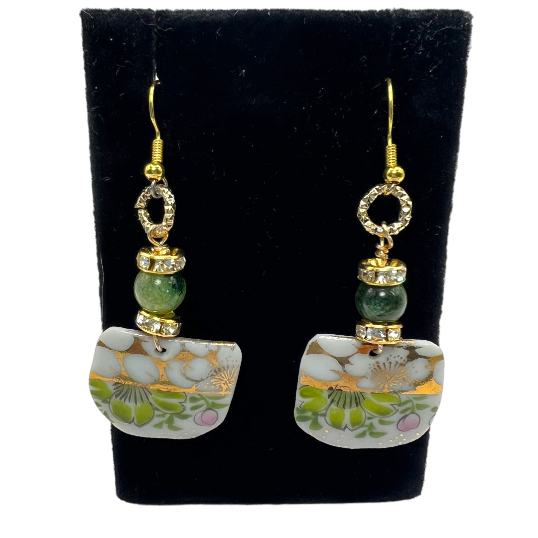 Broken Fine Bone China Dangle Earrings With Green Agate Stones
