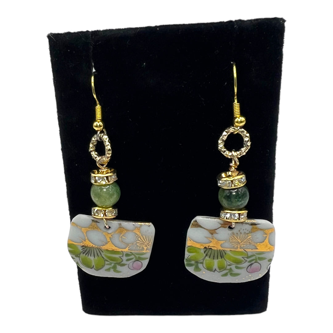 Broken Fine Bone China Dangle Earrings With Green Agate Stones