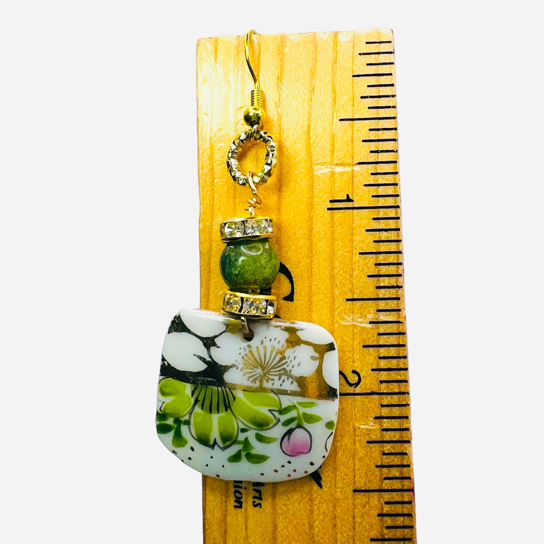 Broken Fine Bone China Dangle Earrings With Green Agate Stones