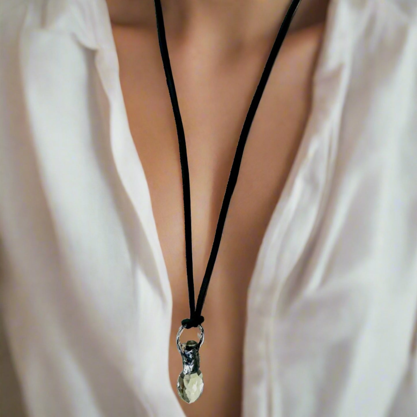 Vintage Crystal Perfume Bottle with Boho Metalwork & Leather Rope Necklace