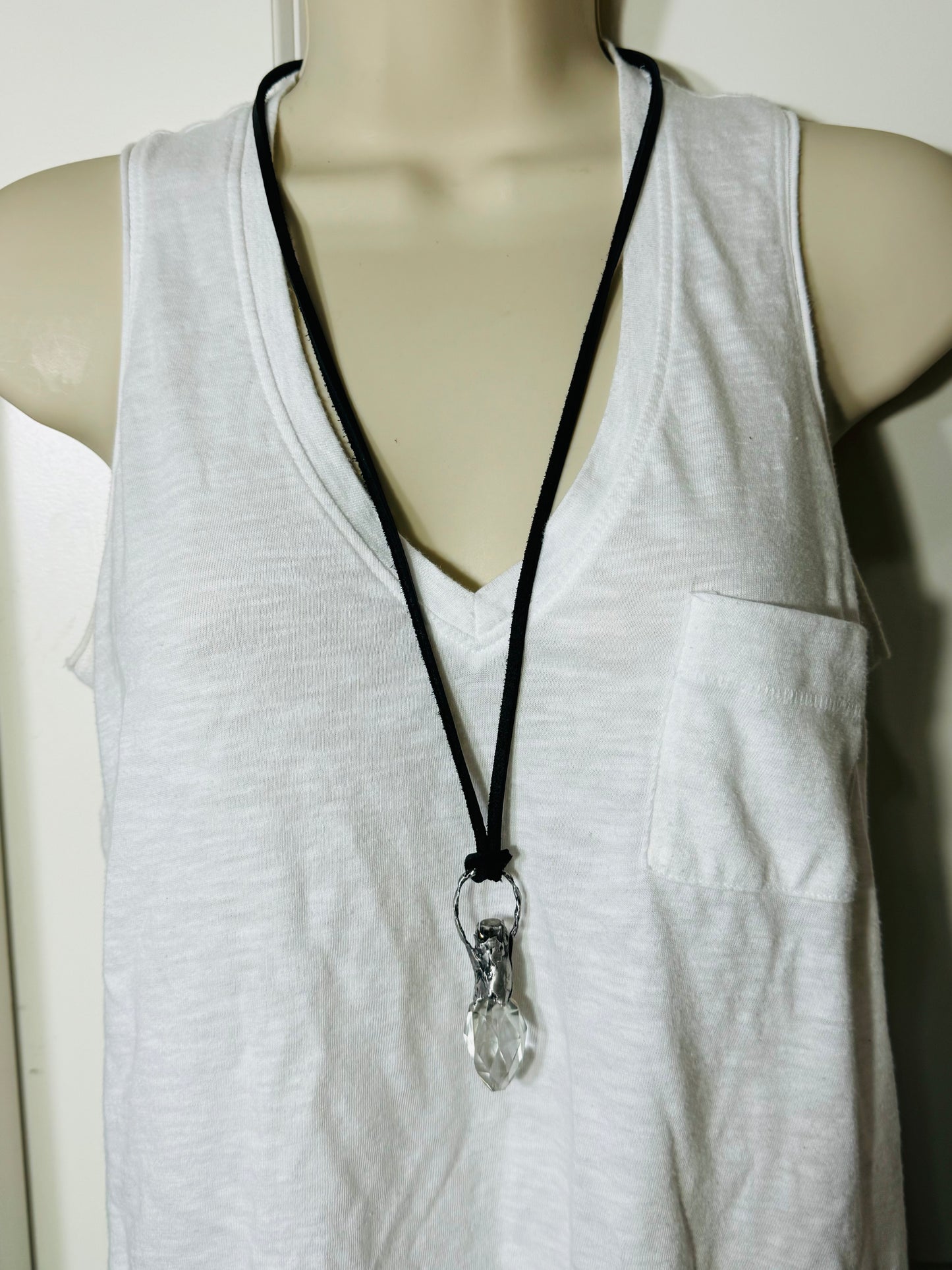 Vintage Crystal Perfume Bottle with Boho Metalwork & Leather Rope Necklace