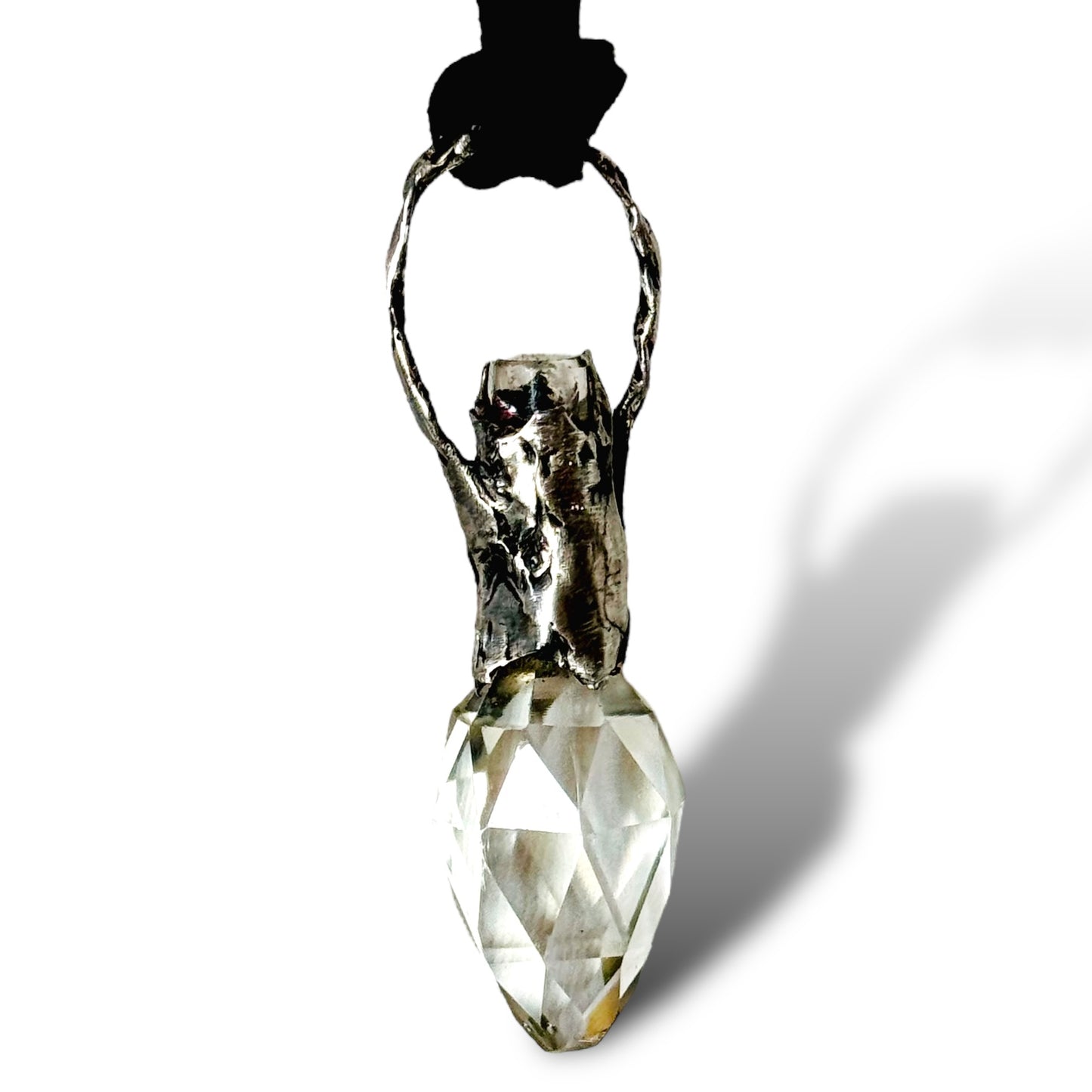 Vintage Crystal Perfume Bottle with Boho Metalwork & Leather Rope Necklace