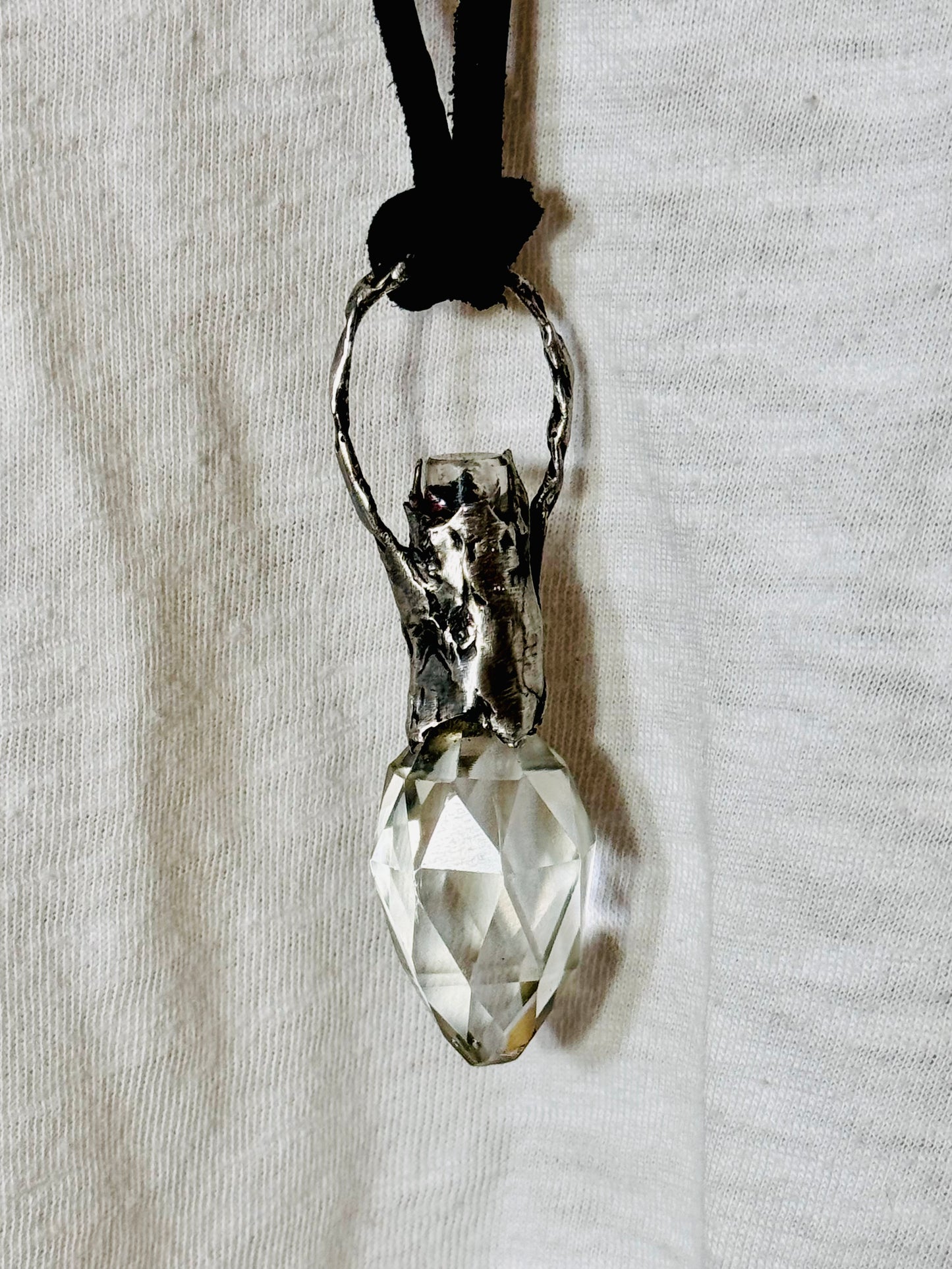 Vintage Crystal Perfume Bottle with Boho Metalwork & Leather Rope Necklace