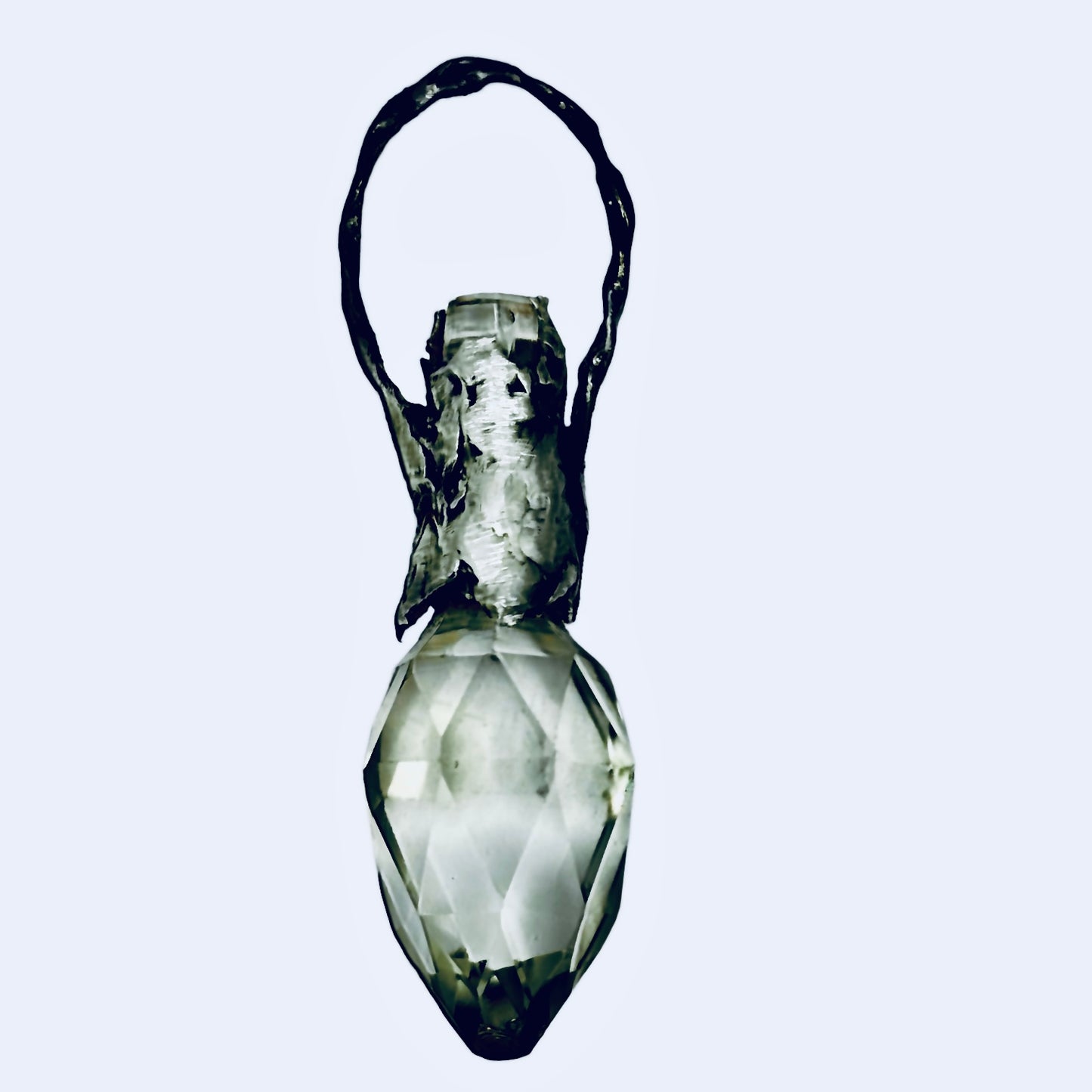Vintage Crystal Perfume Bottle with Boho Metalwork & Leather Rope Necklace