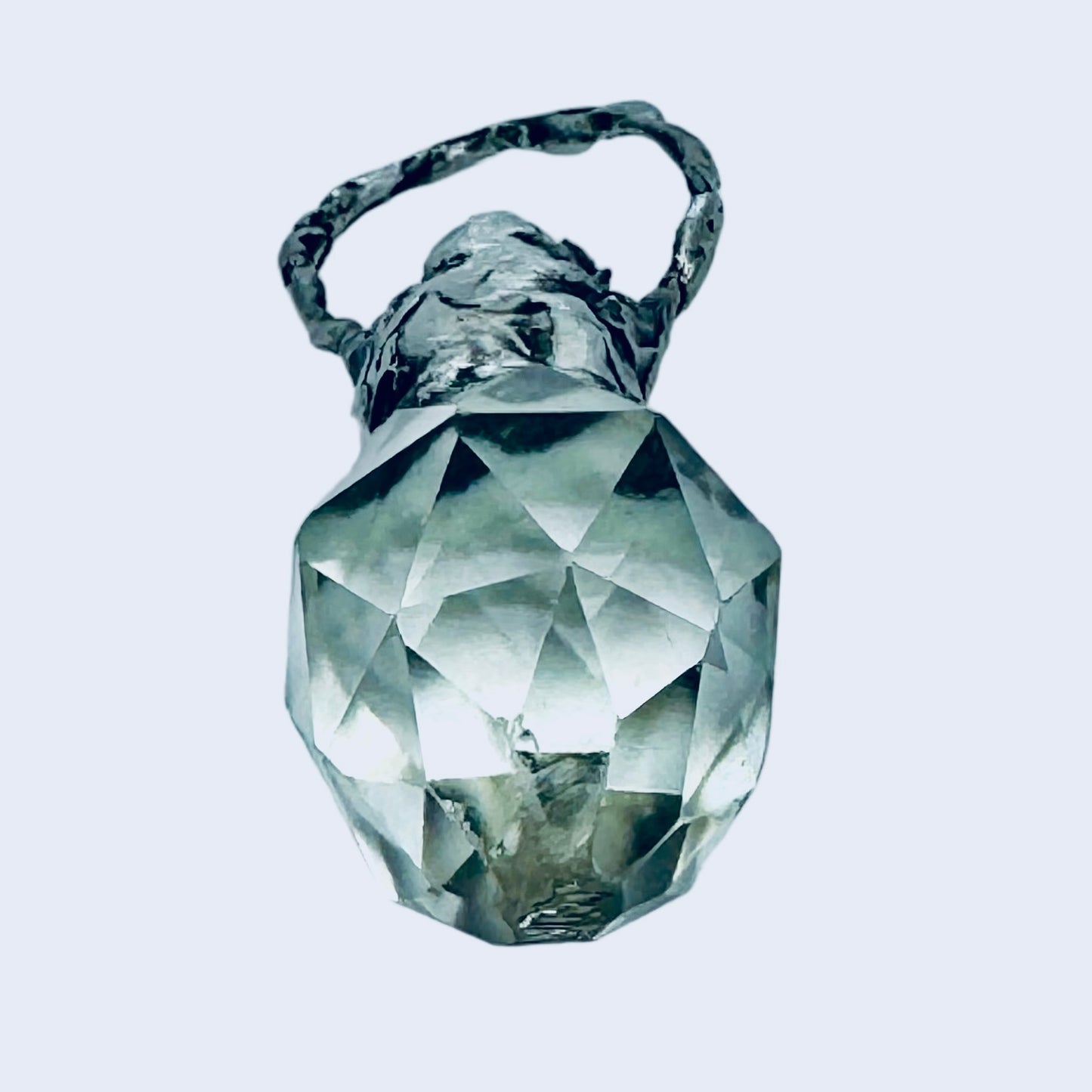 Vintage Crystal Perfume Bottle with Boho Metalwork & Leather Rope Necklace