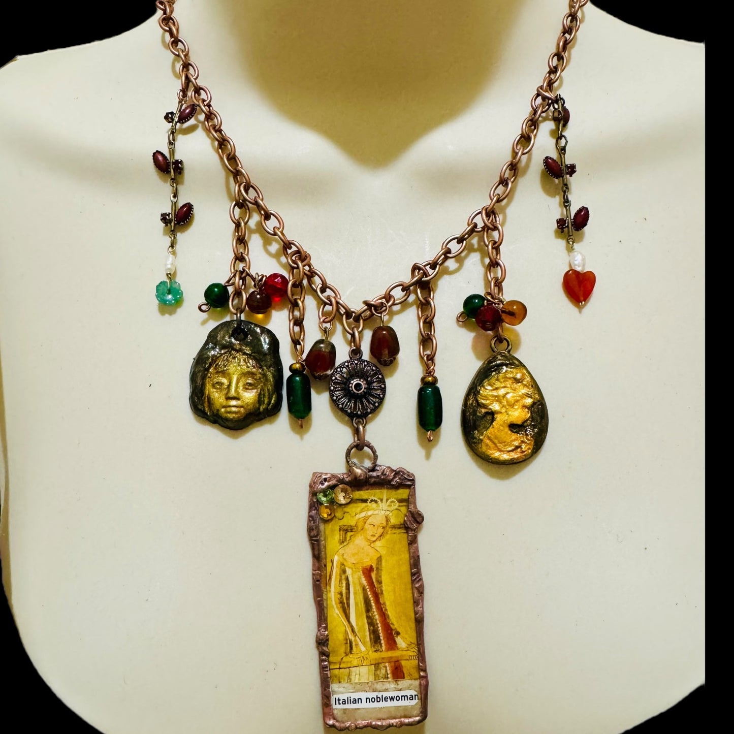 Tiny Art Canvas Italian Noblewoman Encased in Glass with Artisan Clay Cameos