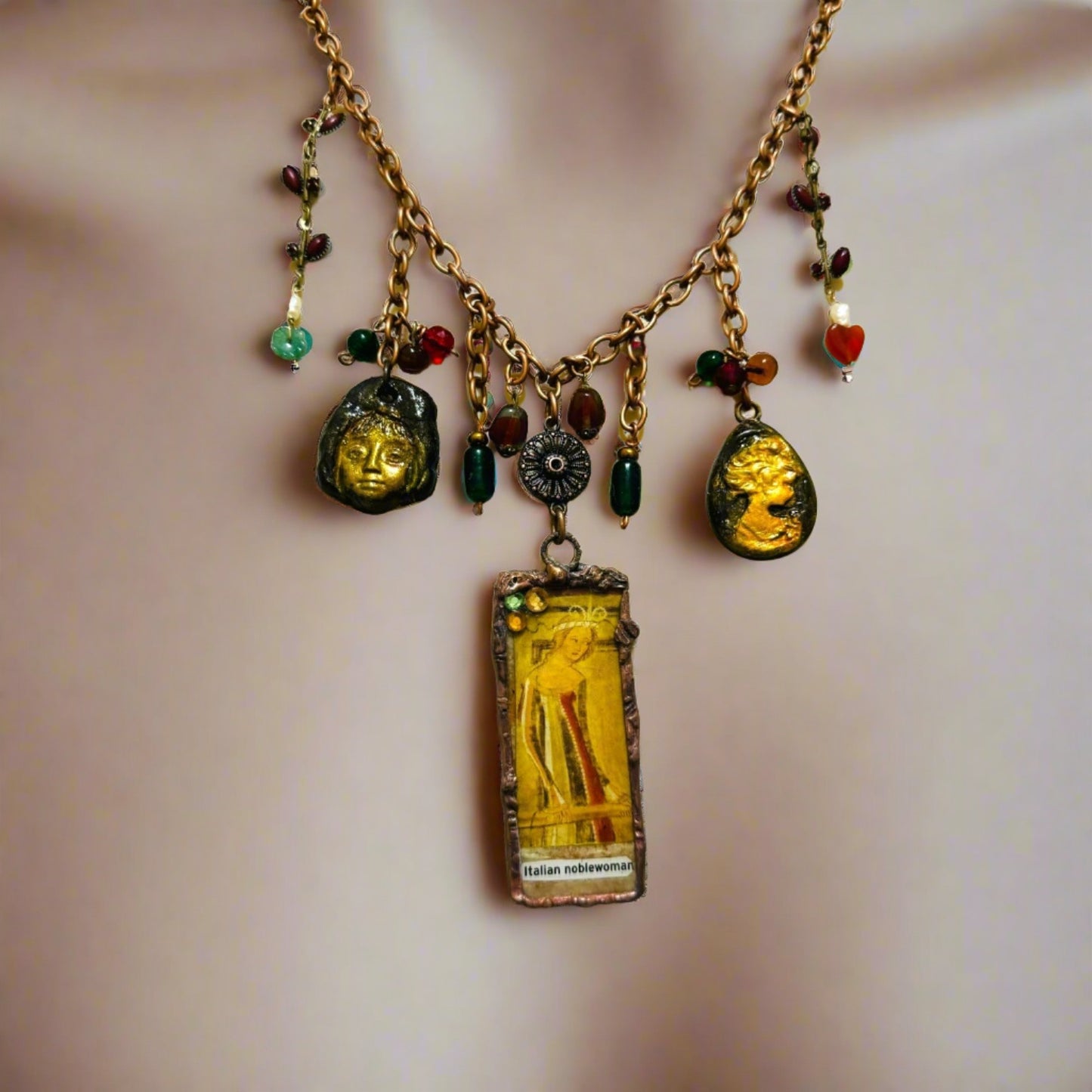 Tiny Art Canvas Italian Noblewoman Encased in Glass with Artisan Clay Cameos