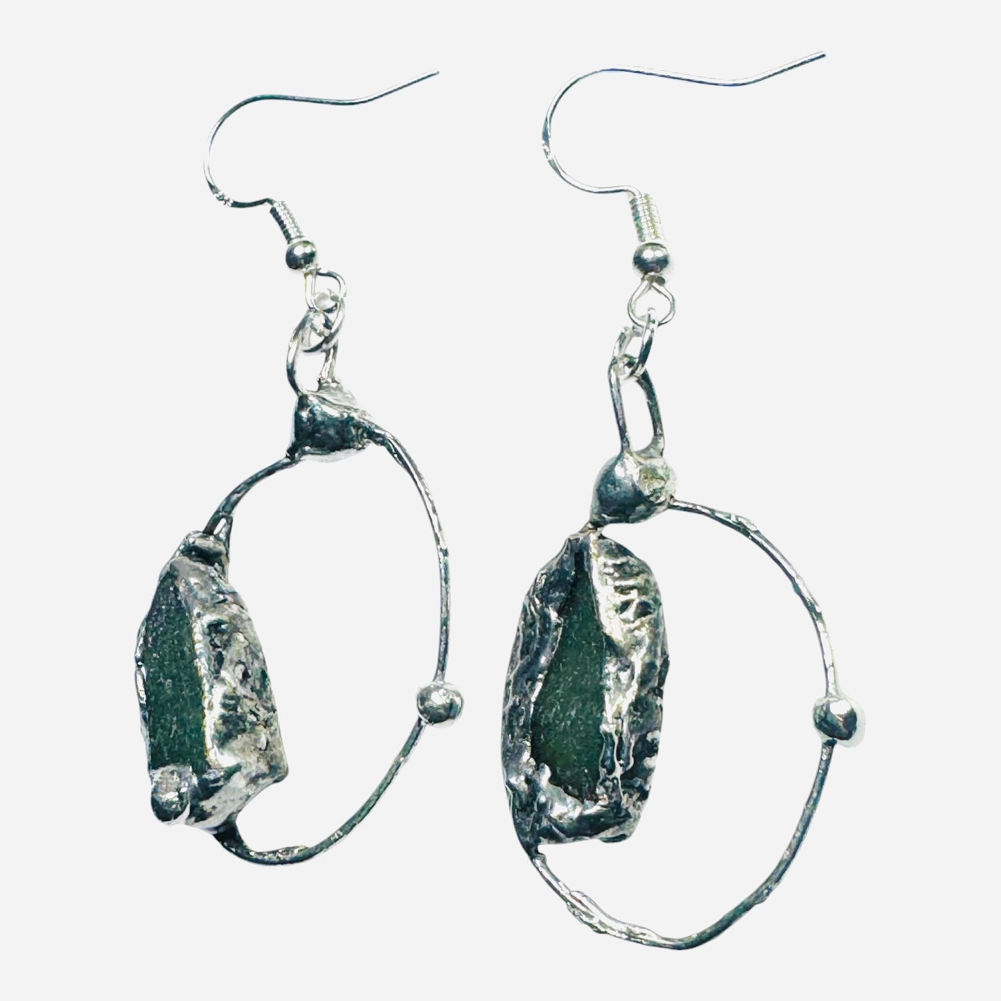 Natural Moldavite & Sterling 925 Boho Metalwork Earrings