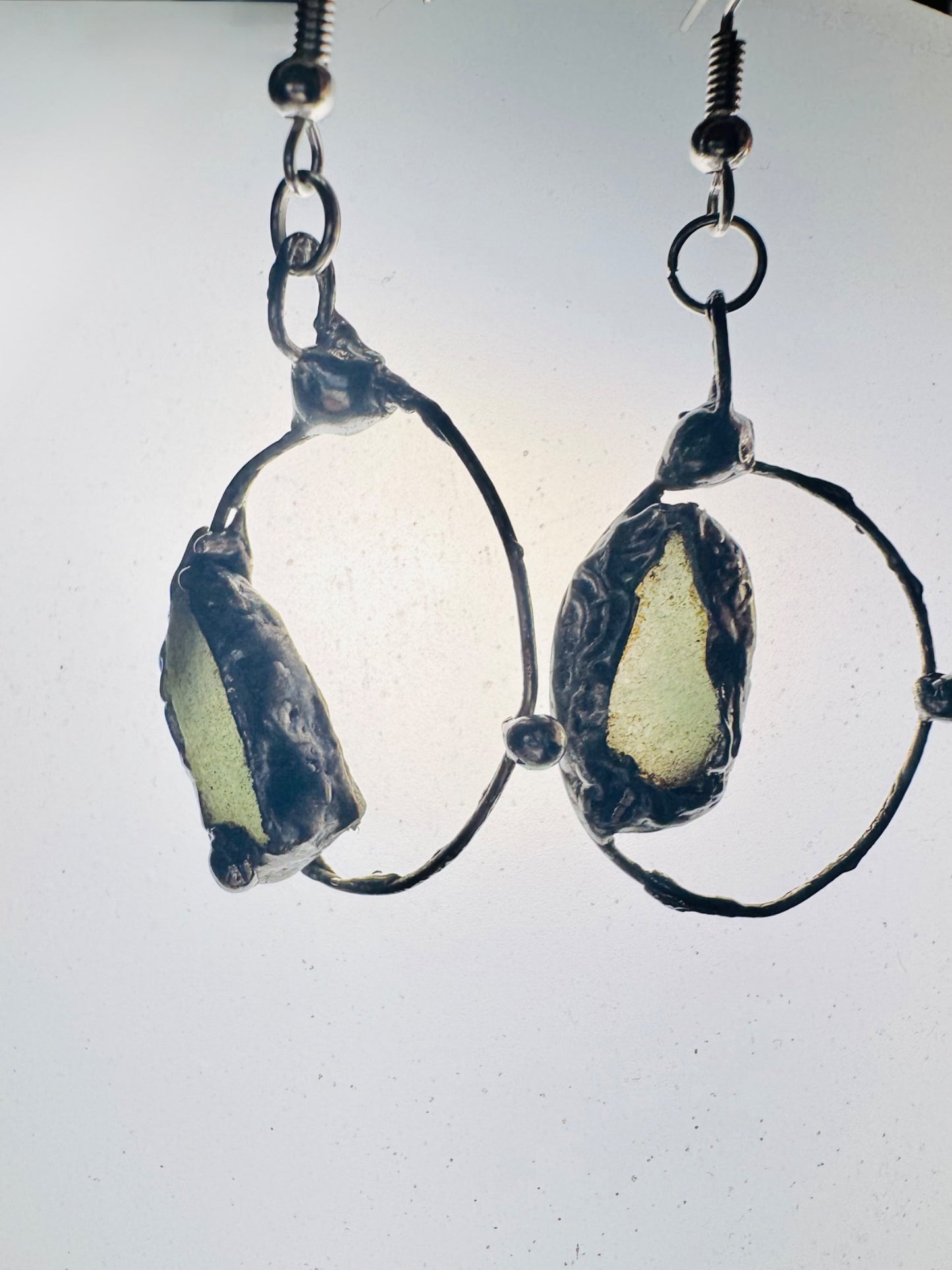 Natural Moldavite & Sterling 925 Boho Metalwork Earrings
