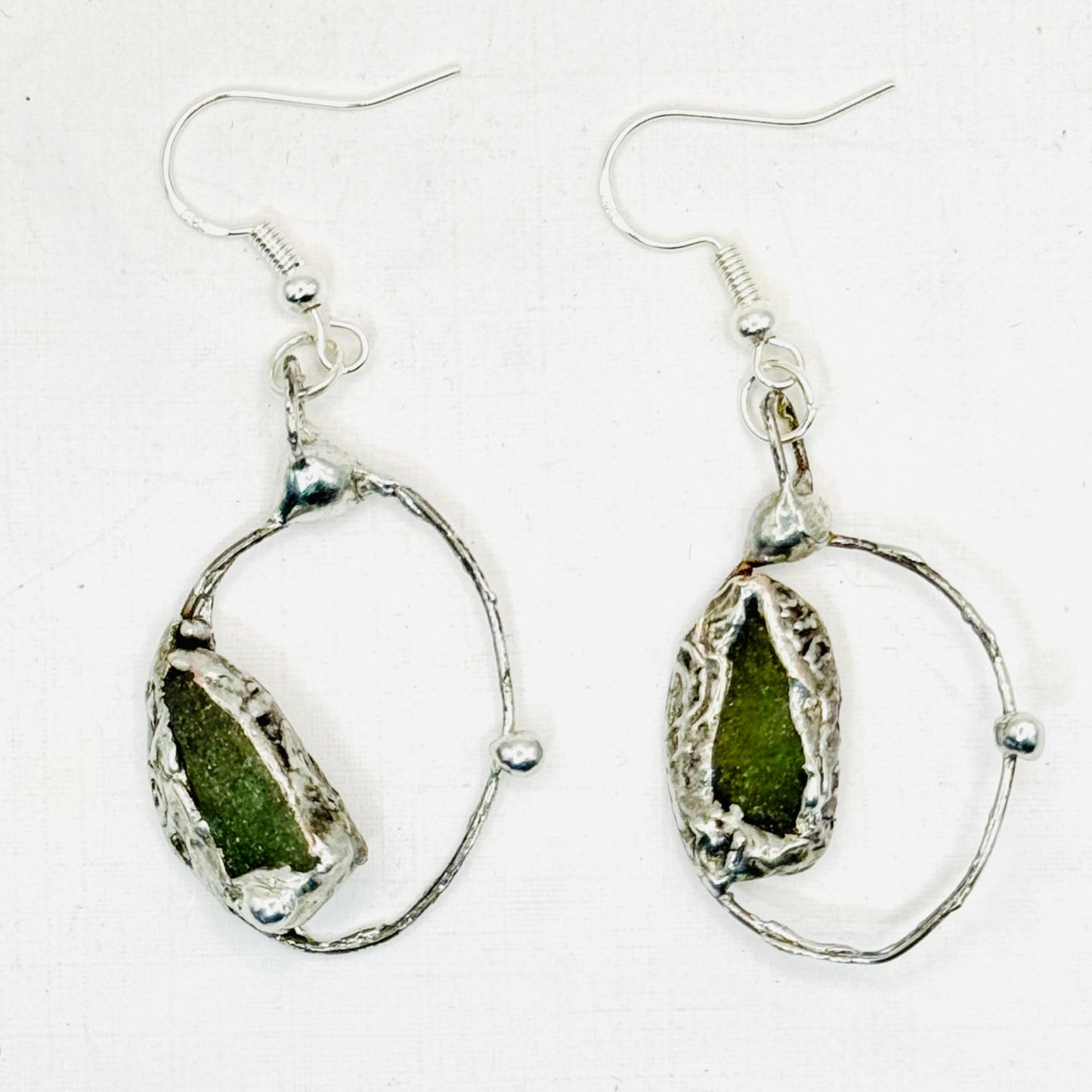 Natural Moldavite & Sterling 925 Boho Metalwork Earrings