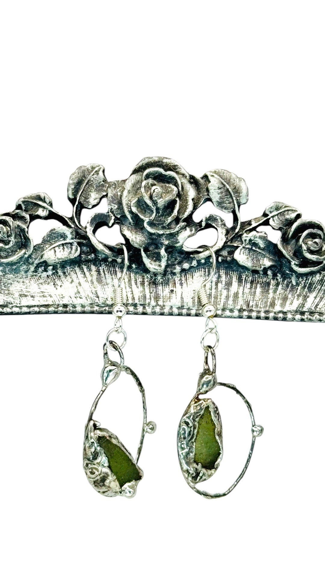Natural Moldavite & Sterling 925 Boho Metalwork Earrings