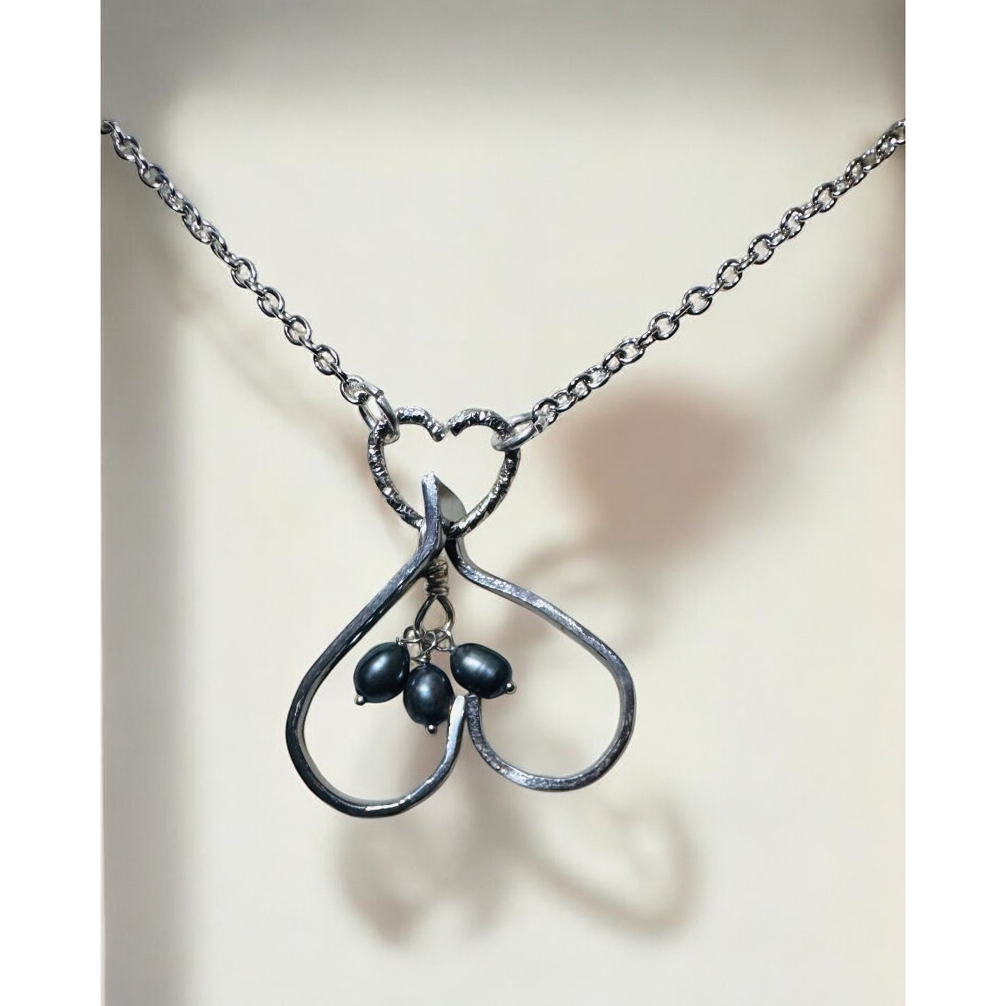 Upcycled Fork Heart Pendant Necklace With Dangling Baroque Pearls On Silver Chain