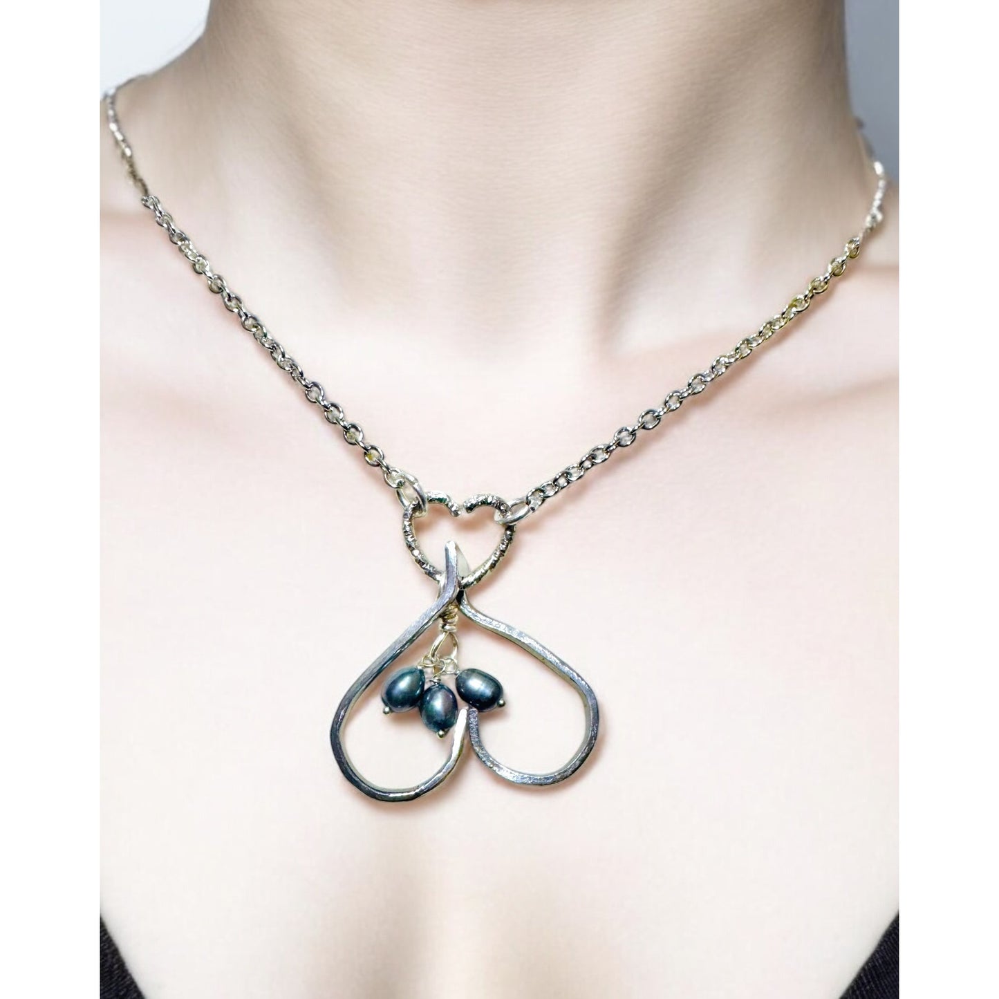 Upcycled Fork Heart Pendant Necklace With Dangling Baroque Pearls On Silver Chain