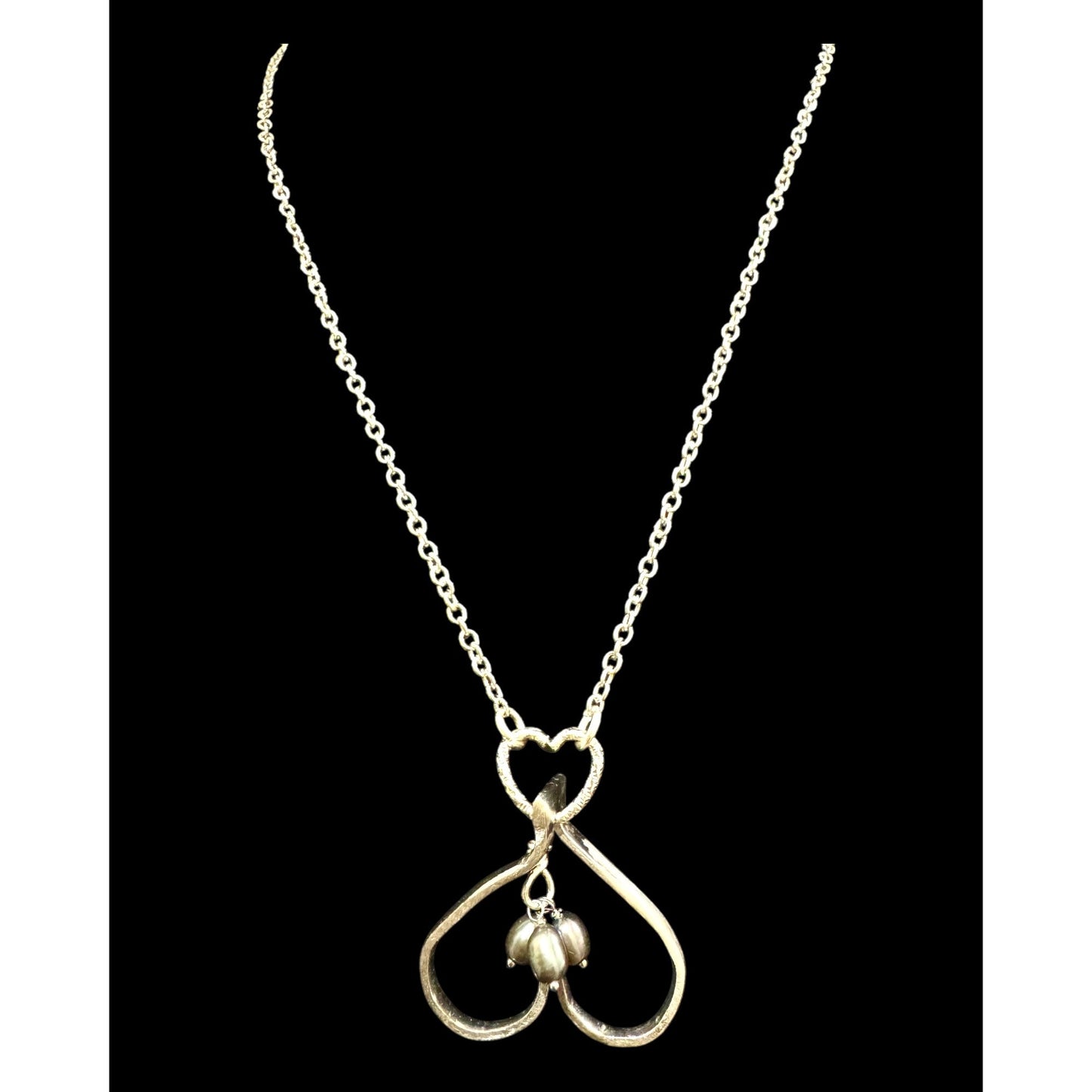 Upcycled Fork Heart Pendant Necklace With Dangling Baroque Pearls On Silver Chain