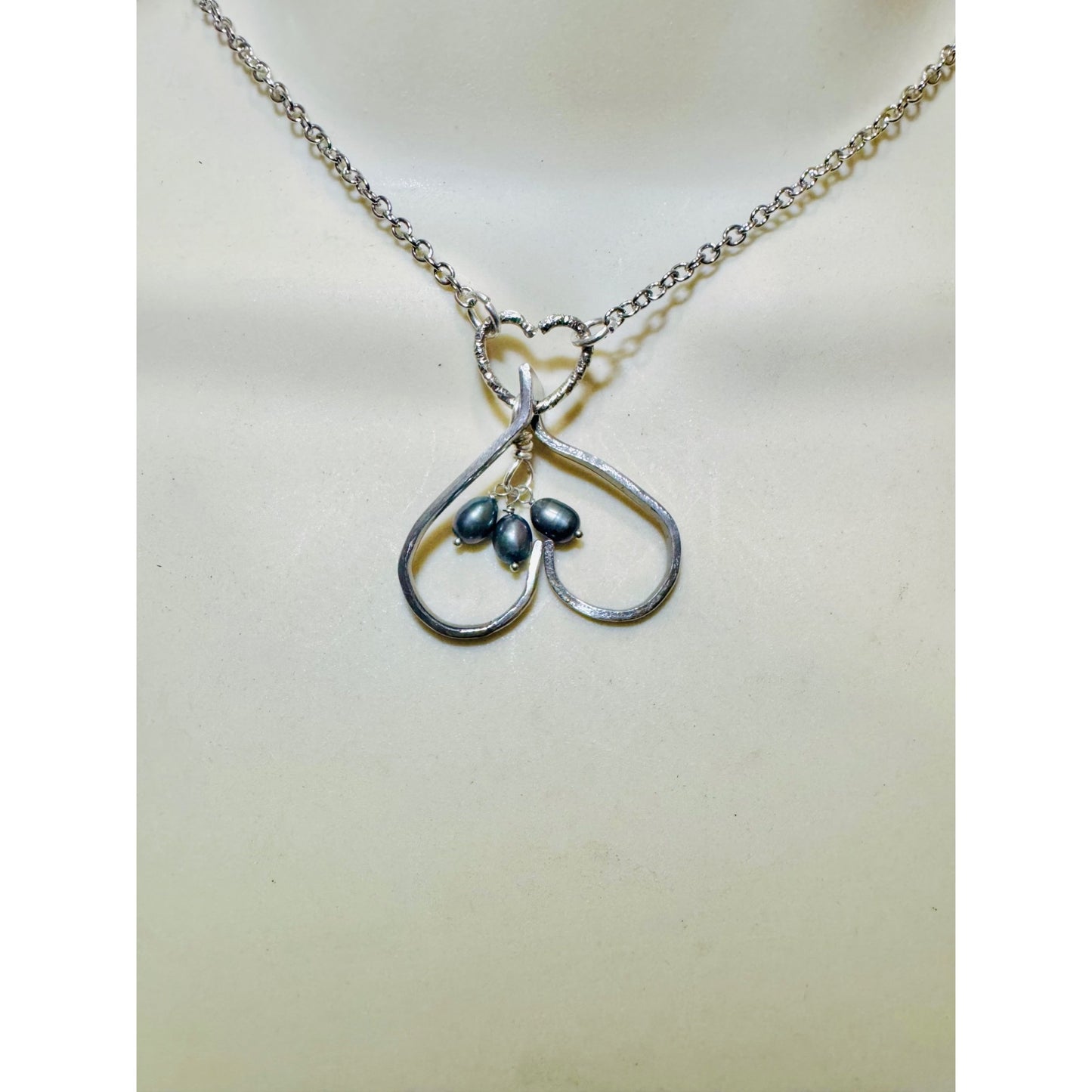 Upcycled Fork Heart Pendant Necklace With Dangling Baroque Pearls On Silver Chain