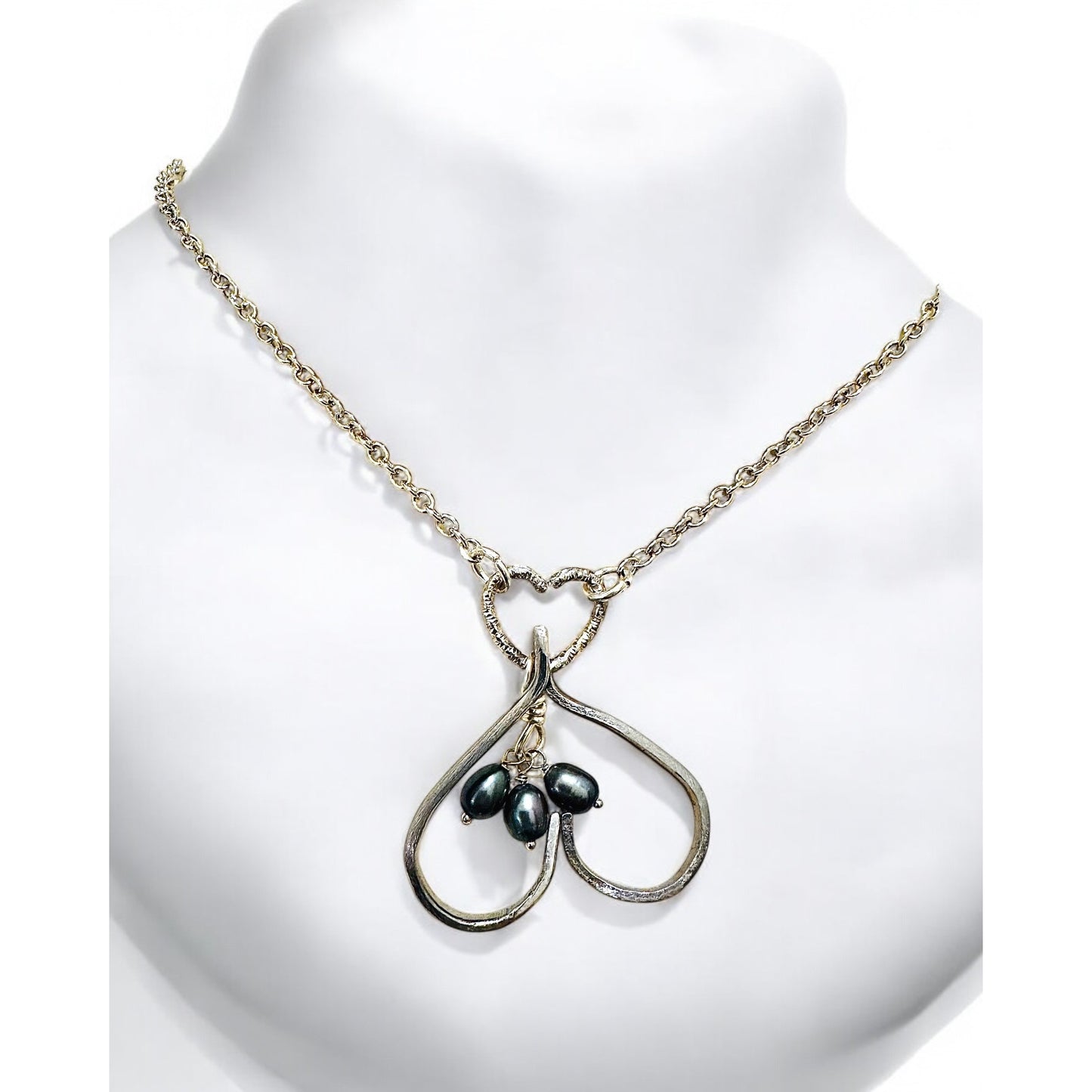 Upcycled Fork Heart Pendant Necklace With Dangling Baroque Pearls On Silver Chain