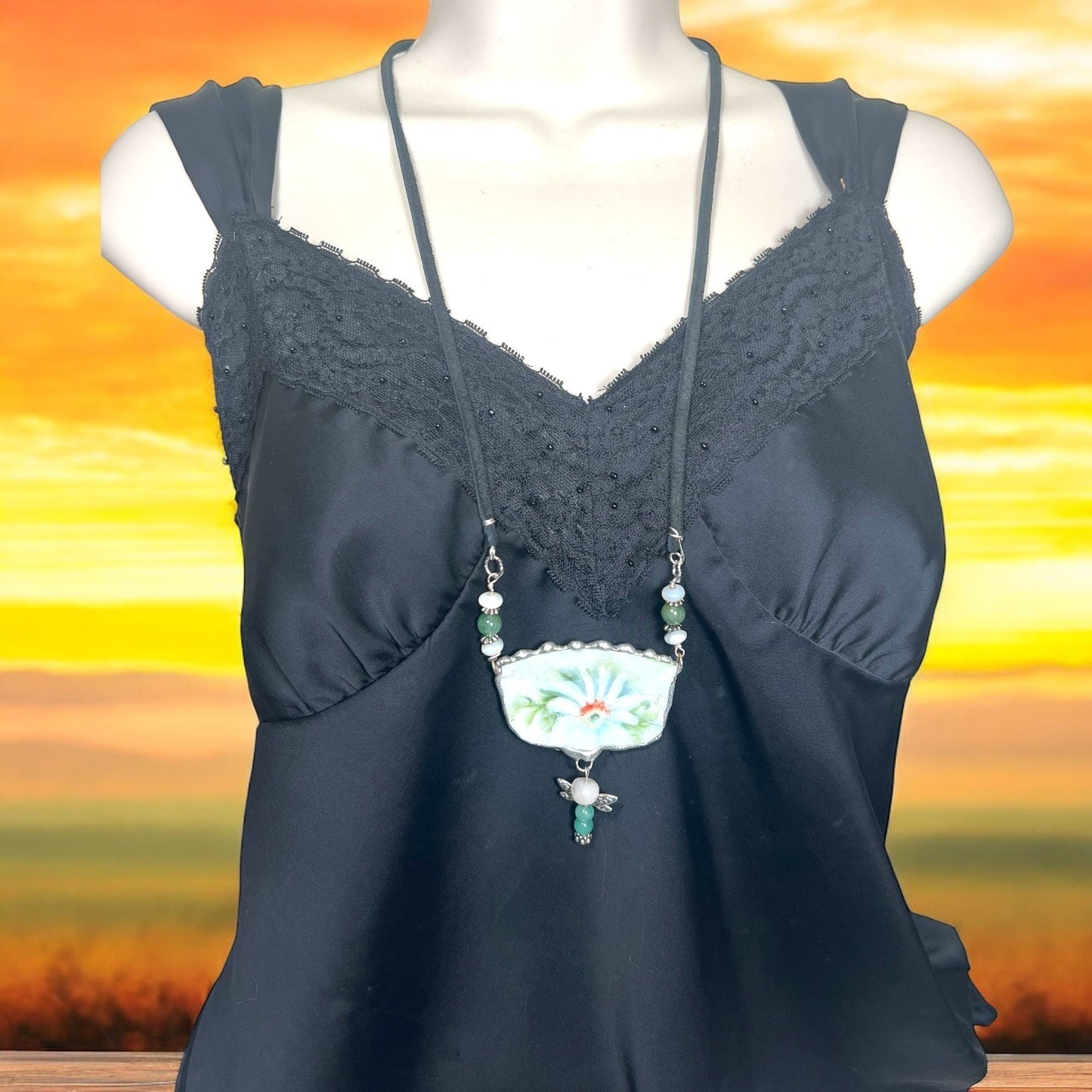 Broken China Daisies Pendant With Jade Dragonfly Charm Leather Necklace