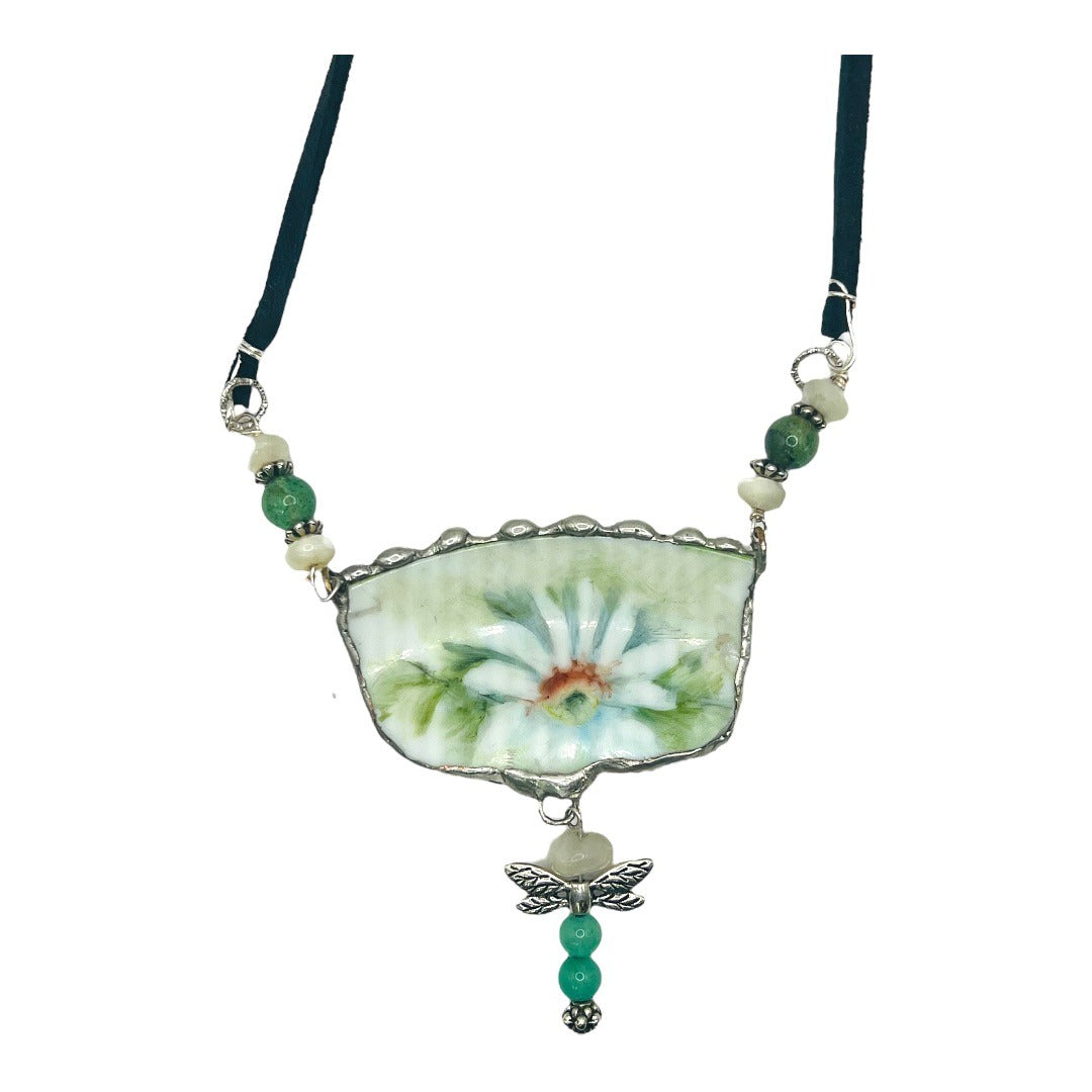 Broken China Daisies Pendant With Jade Dragonfly Charm Leather Necklace