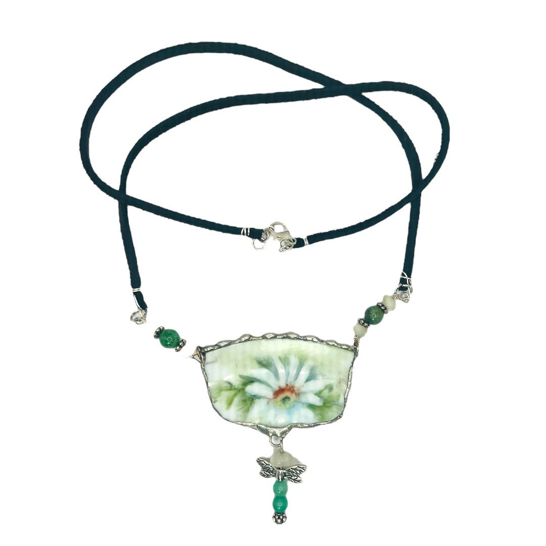 Broken China Daisies Pendant With Jade Dragonfly Charm Leather Necklace