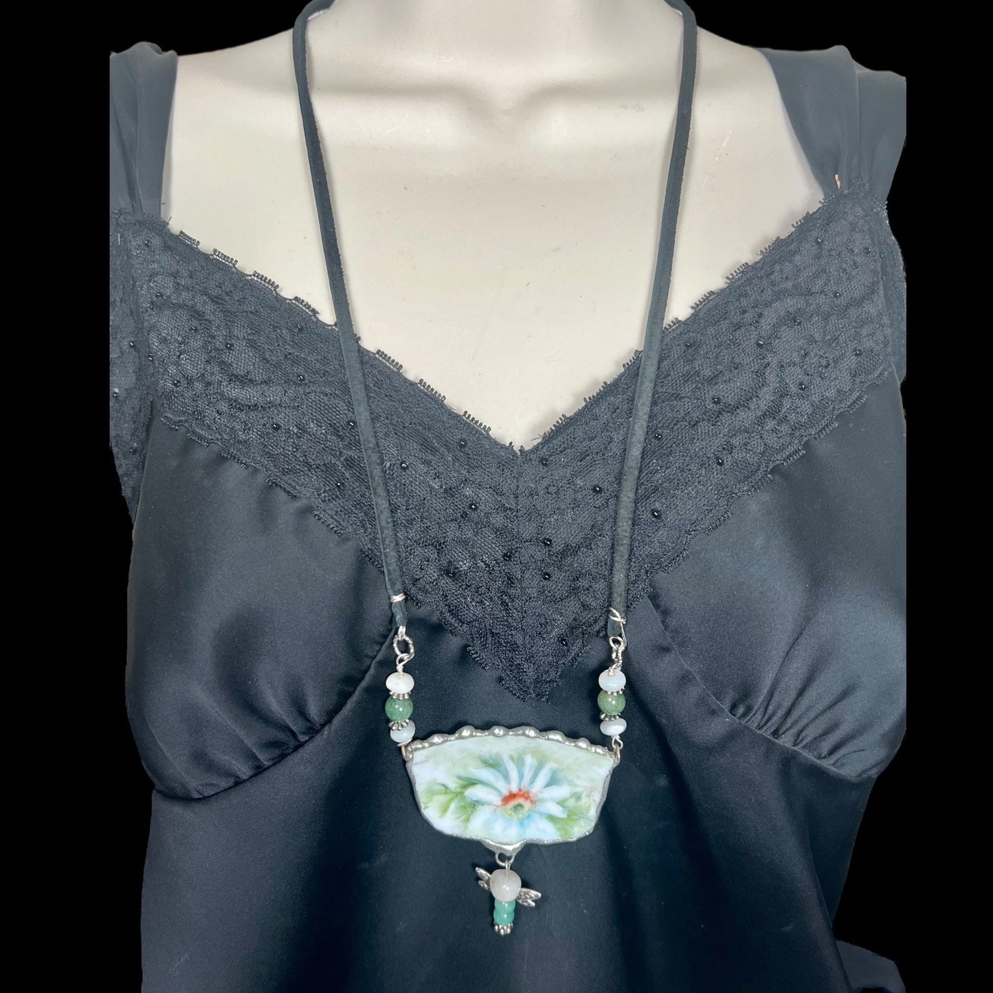 Broken China Daisies Pendant With Jade Dragonfly Charm Leather Necklace