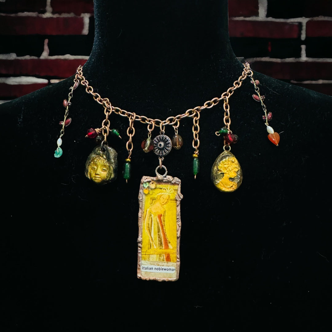 Tiny Art Canvas Italian Noblewoman Encased in Glass with Artisan Clay Cameos