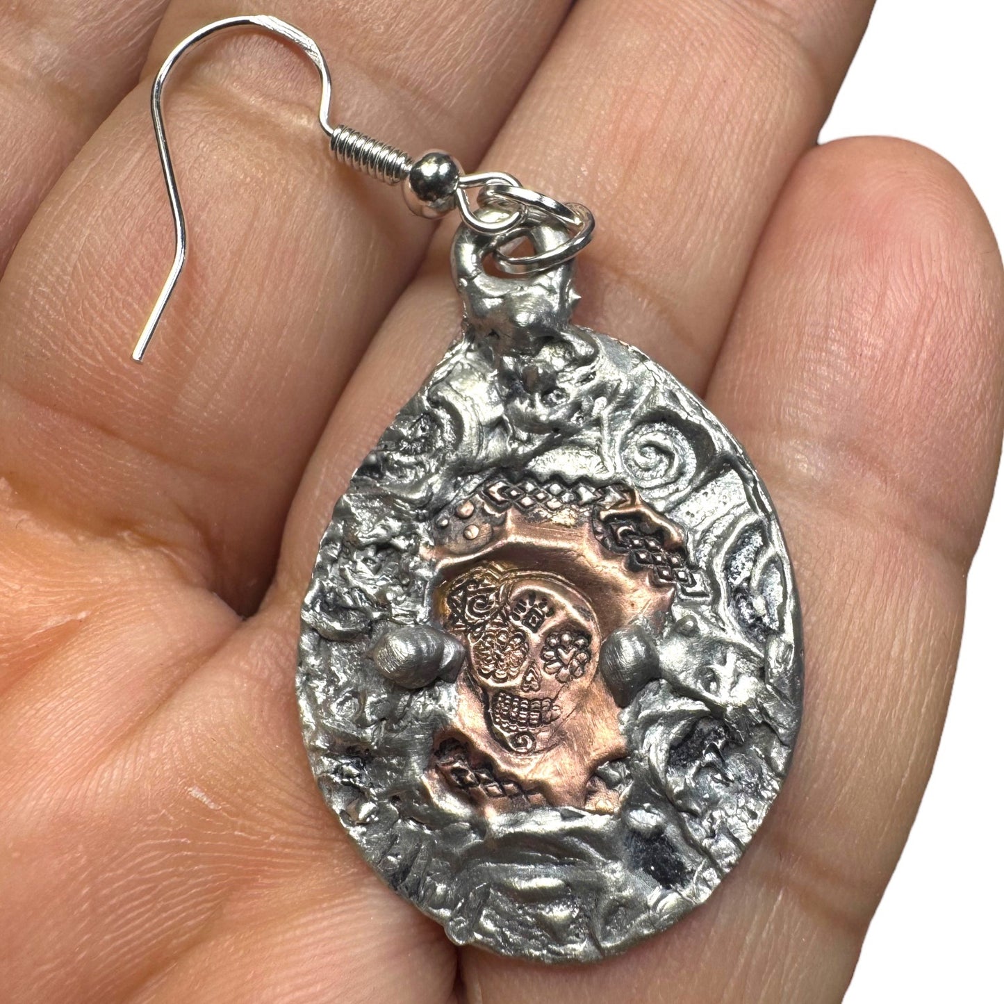Mixed Metal Sugar Skull Earrings 925 Silver Hooks & Artisan Silver Blend