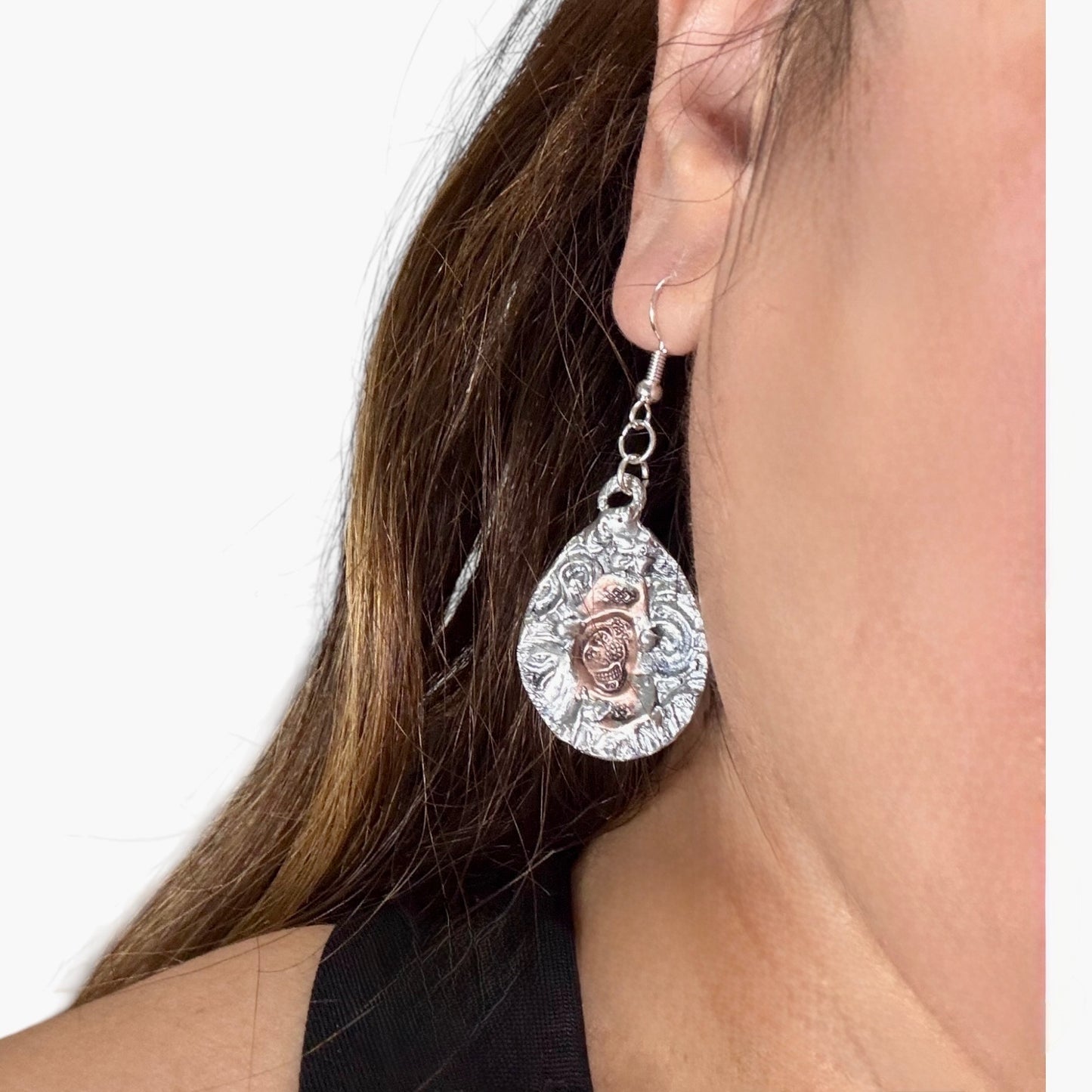 Mixed Metal Sugar Skull Earrings 925 Silver Hooks & Artisan Silver Blend