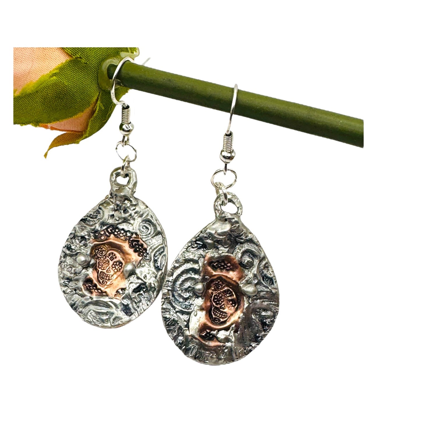 Mixed Metal Sugar Skull Earrings 925 Silver Hooks & Artisan Silver Blend