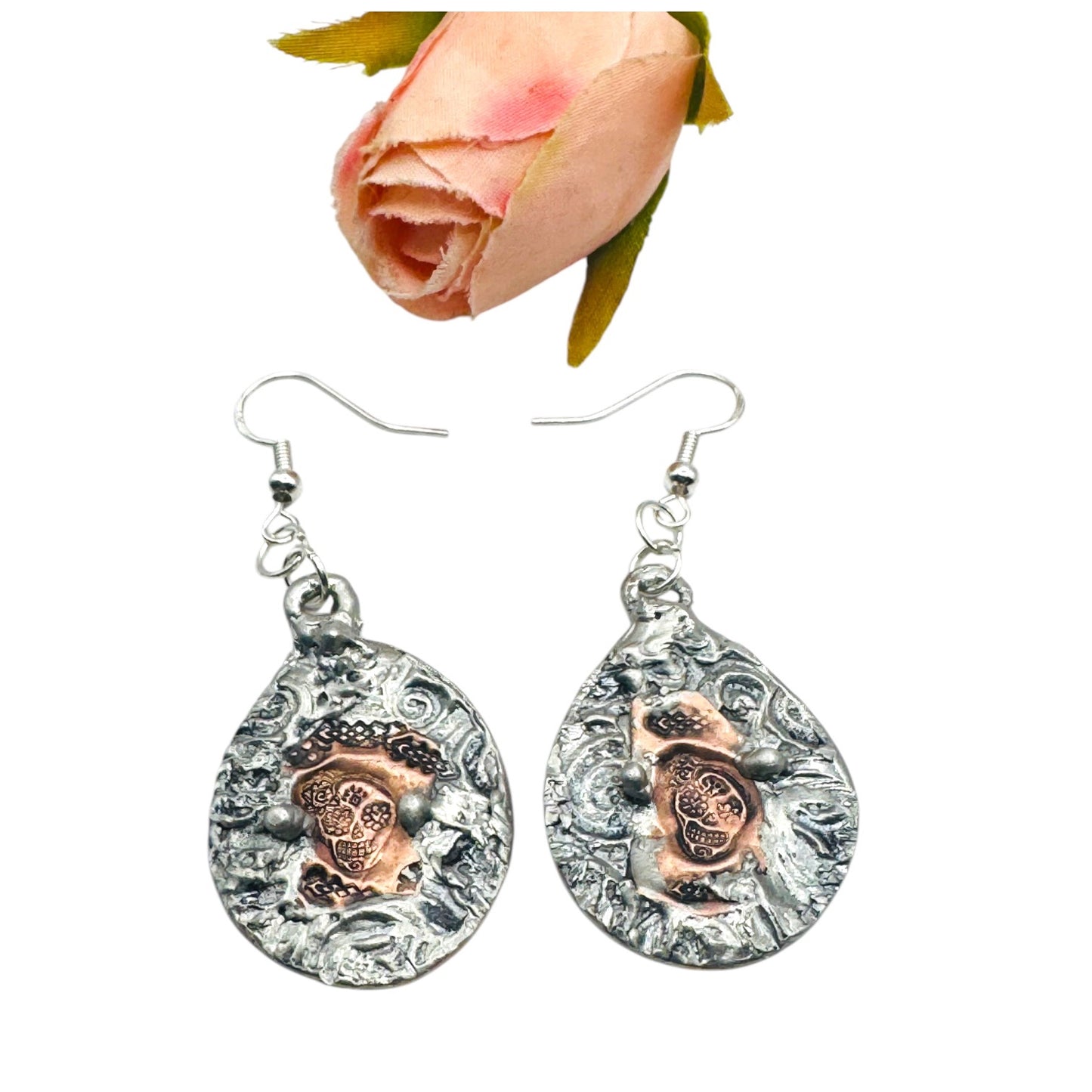 Mixed Metal Sugar Skull Earrings 925 Silver Hooks & Artisan Silver Blend