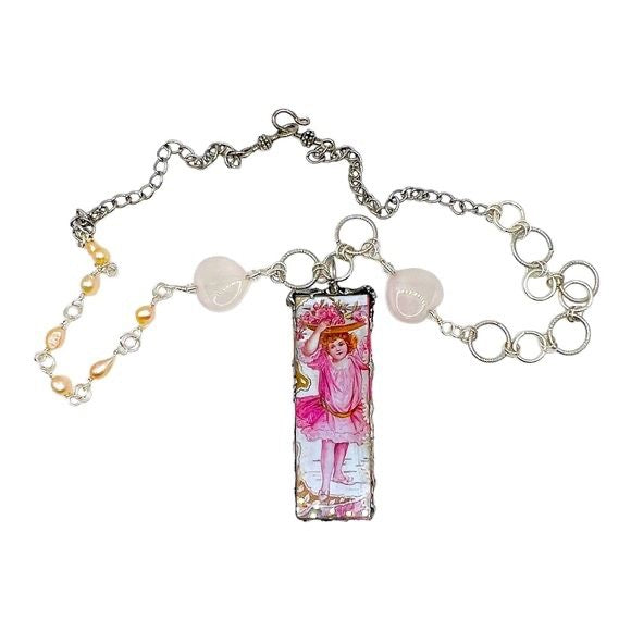 Mixed Media Reversible Pendant Pink Quartz & Freshwater Pearls Necklace