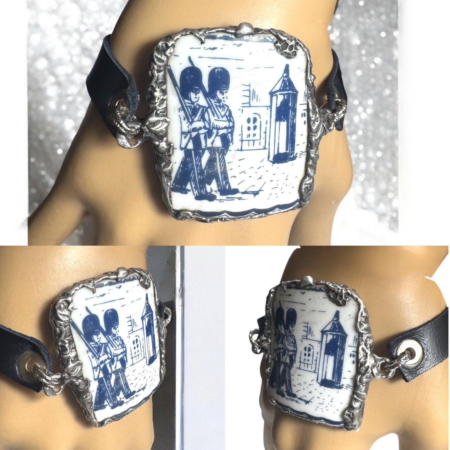 Blue Willow Nutcracker China Leather Bracelet W/ Silver Blend Bezel