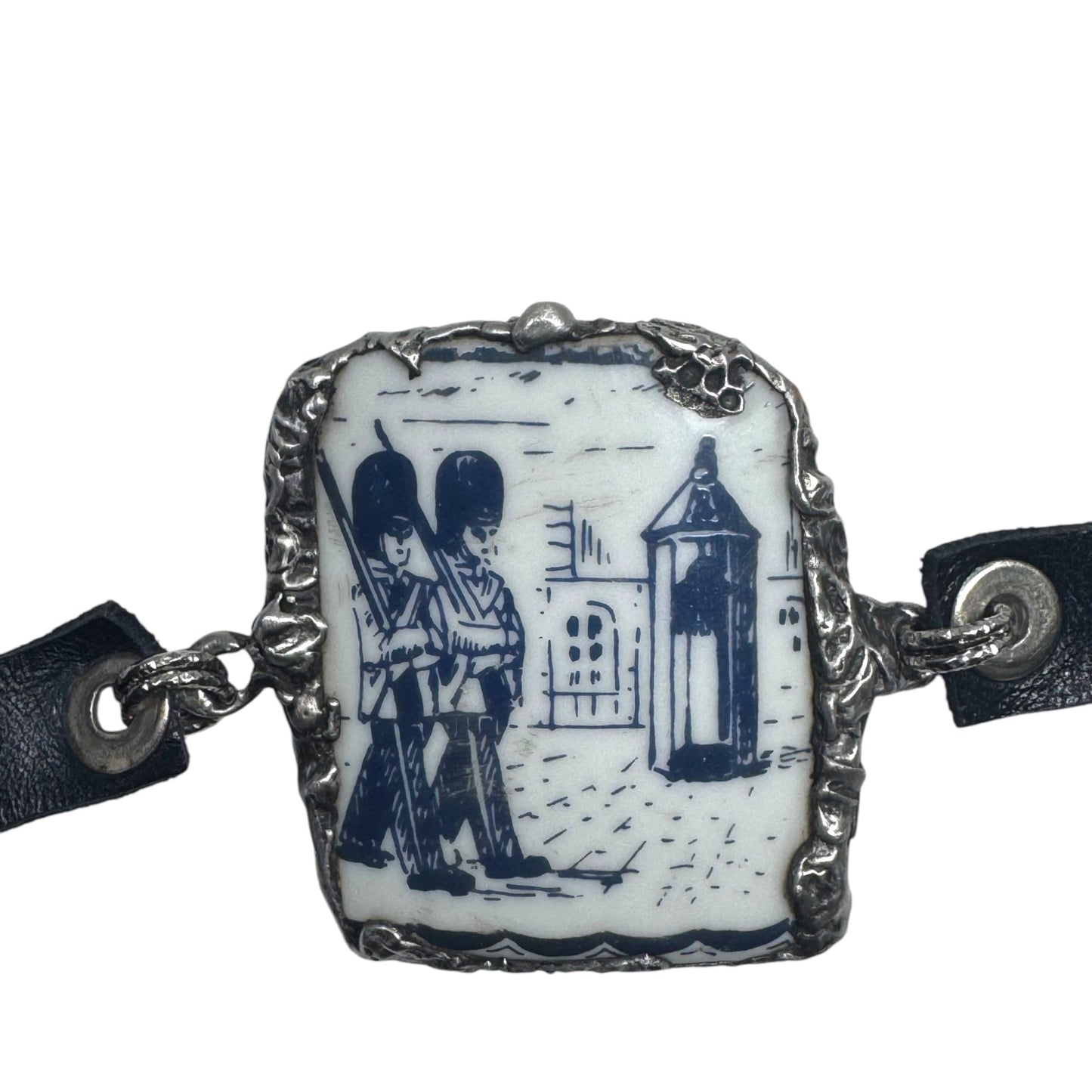 Blue Willow Nutcracker China Leather Bracelet W/ Silver Blend Bezel