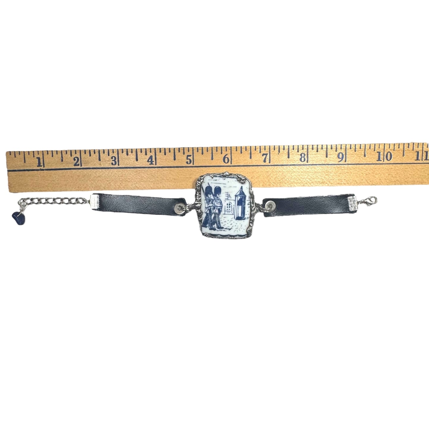 Blue Willow Nutcracker China Leather Bracelet W/ Silver Blend Bezel