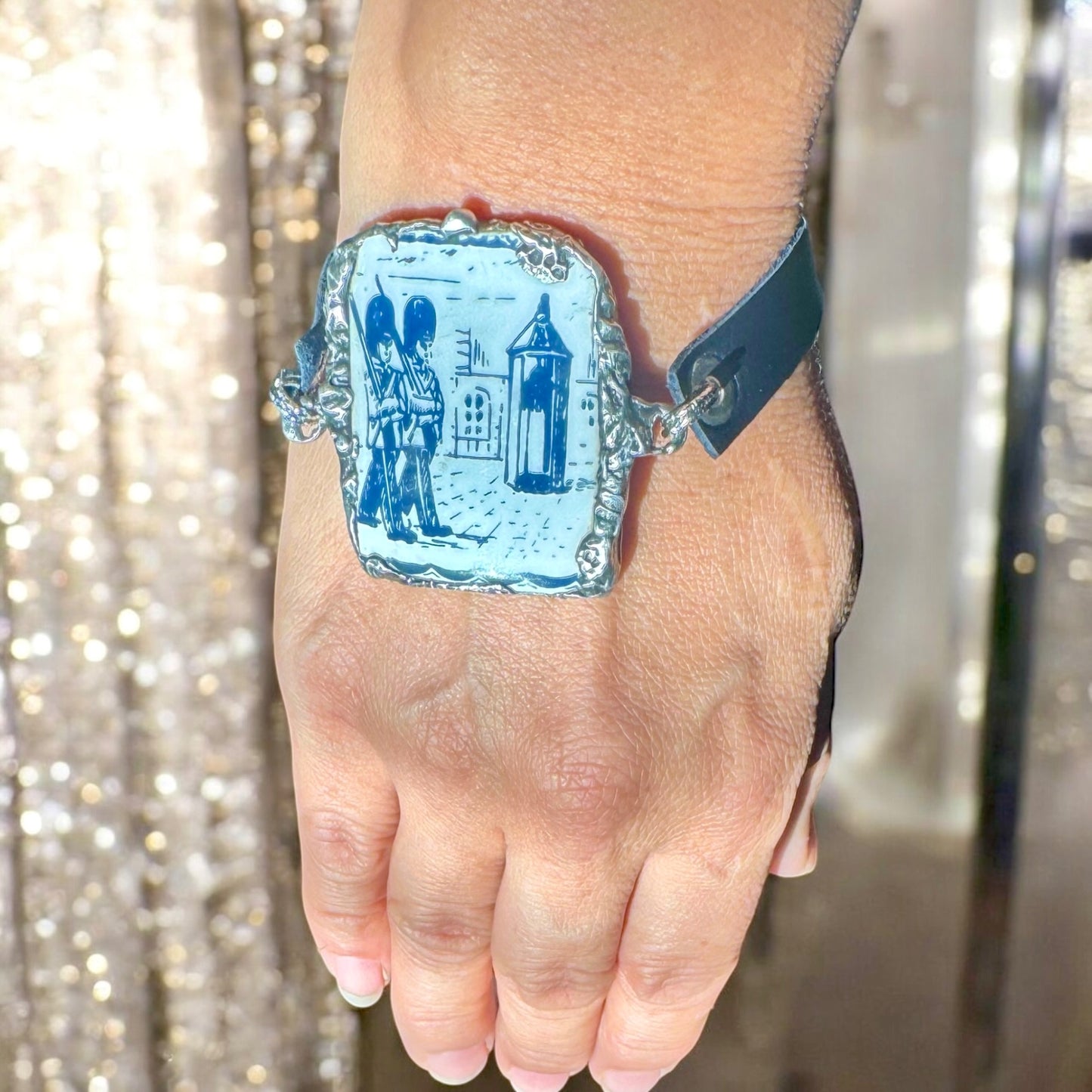 Blue Willow Nutcracker China Leather Bracelet W/ Silver Blend Bezel