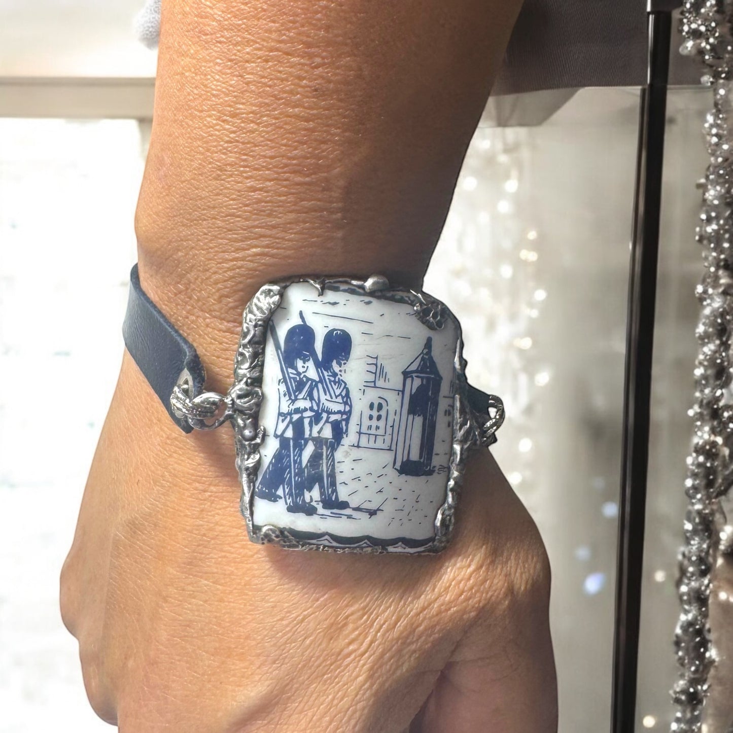 Blue Willow Nutcracker China Leather Bracelet W/ Silver Blend Bezel