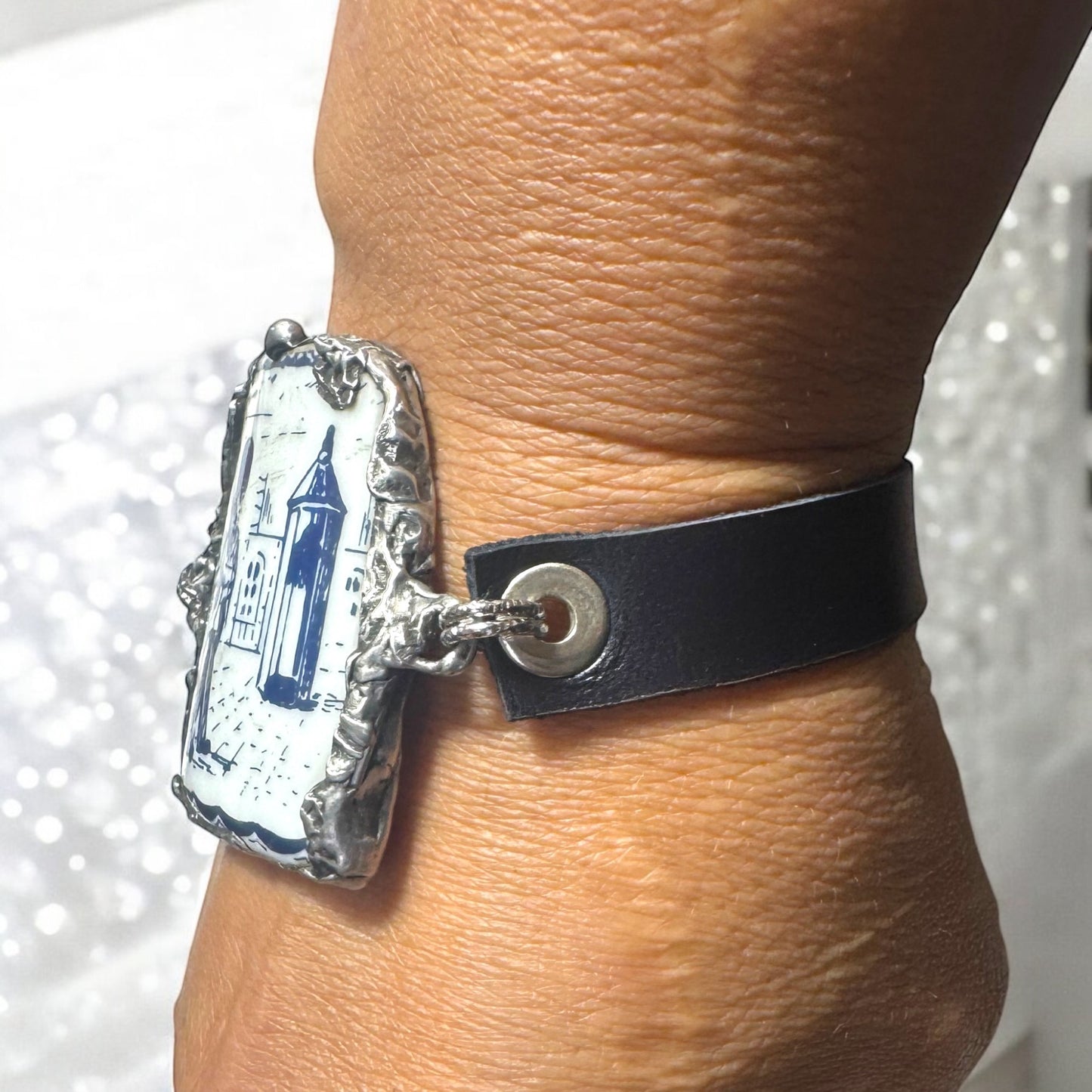 Blue Willow Nutcracker China Leather Bracelet W/ Silver Blend Bezel