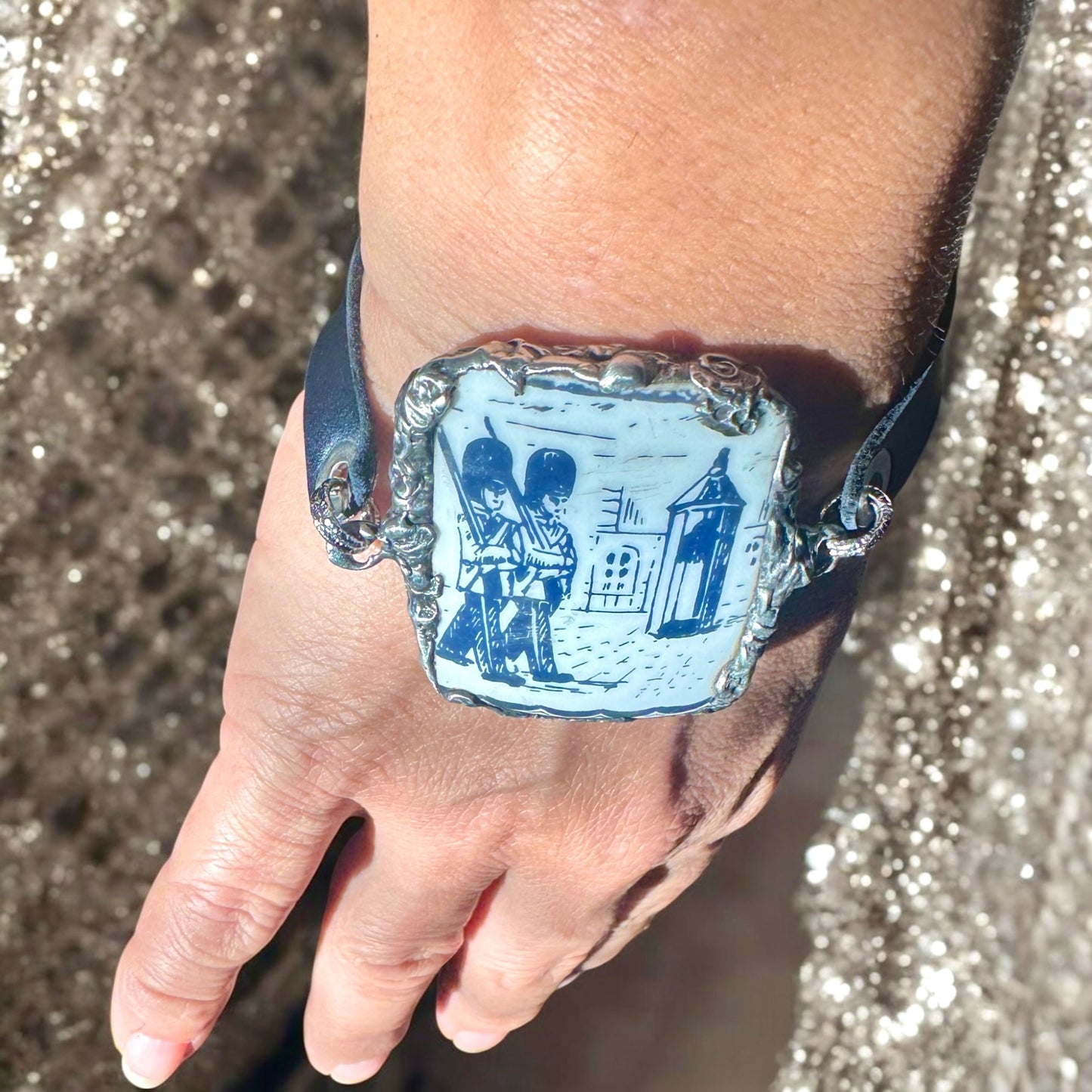 Blue Willow Nutcracker China Leather Bracelet W/ Silver Blend Bezel