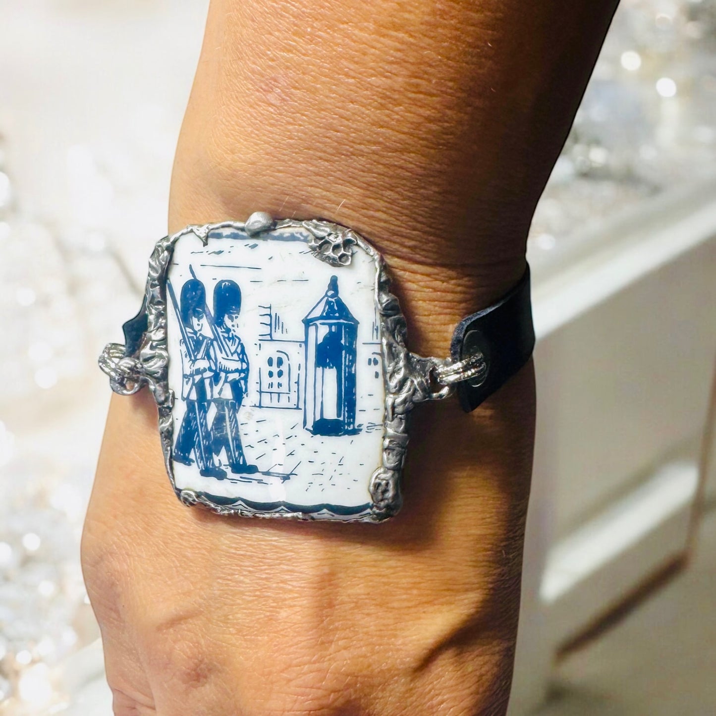 Blue Willow Nutcracker China Leather Bracelet W/ Silver Blend Bezel
