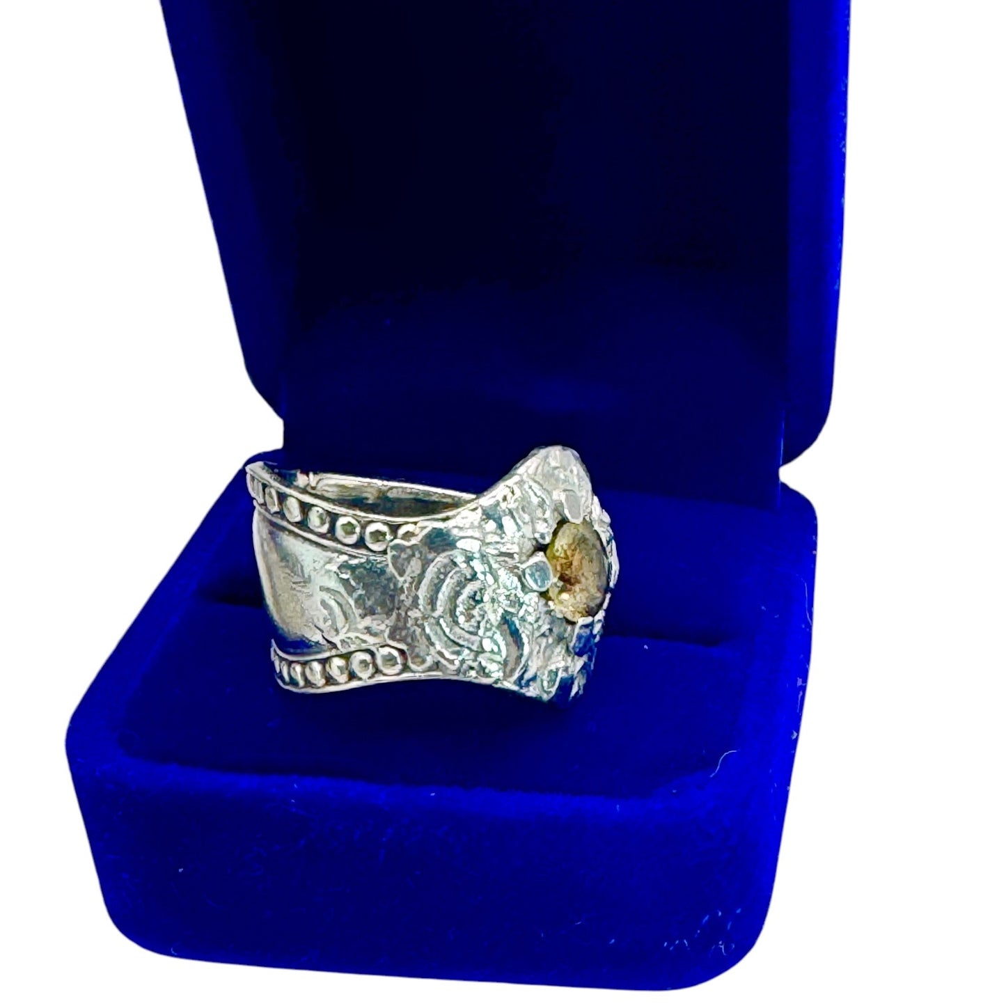 Repurposed Silver-Plated Spoon Ring With Intricate Boho Metalwork & 6MM Citrine