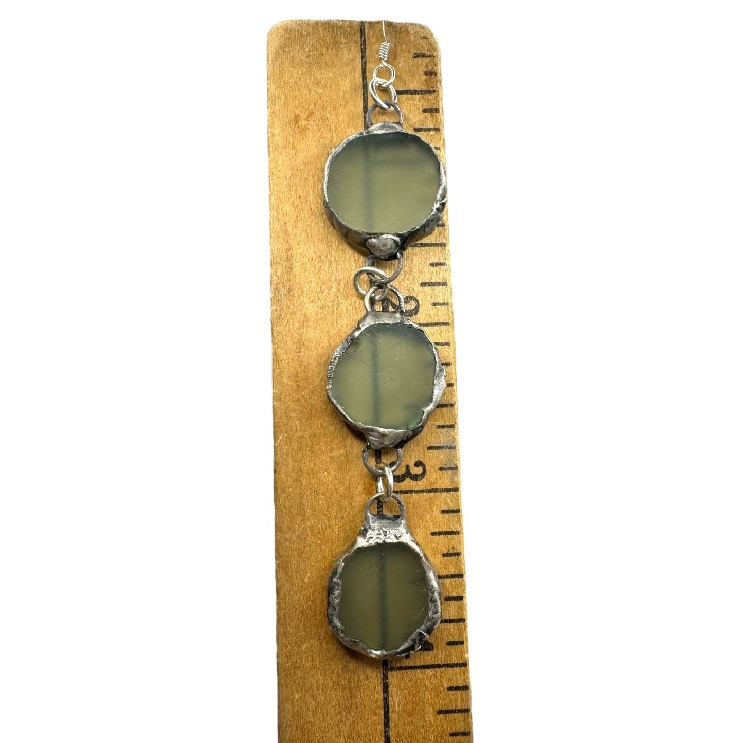 Triple Drop Sea Glass Artisan Earrings Caged in Silver- Blend Boho Metalwork