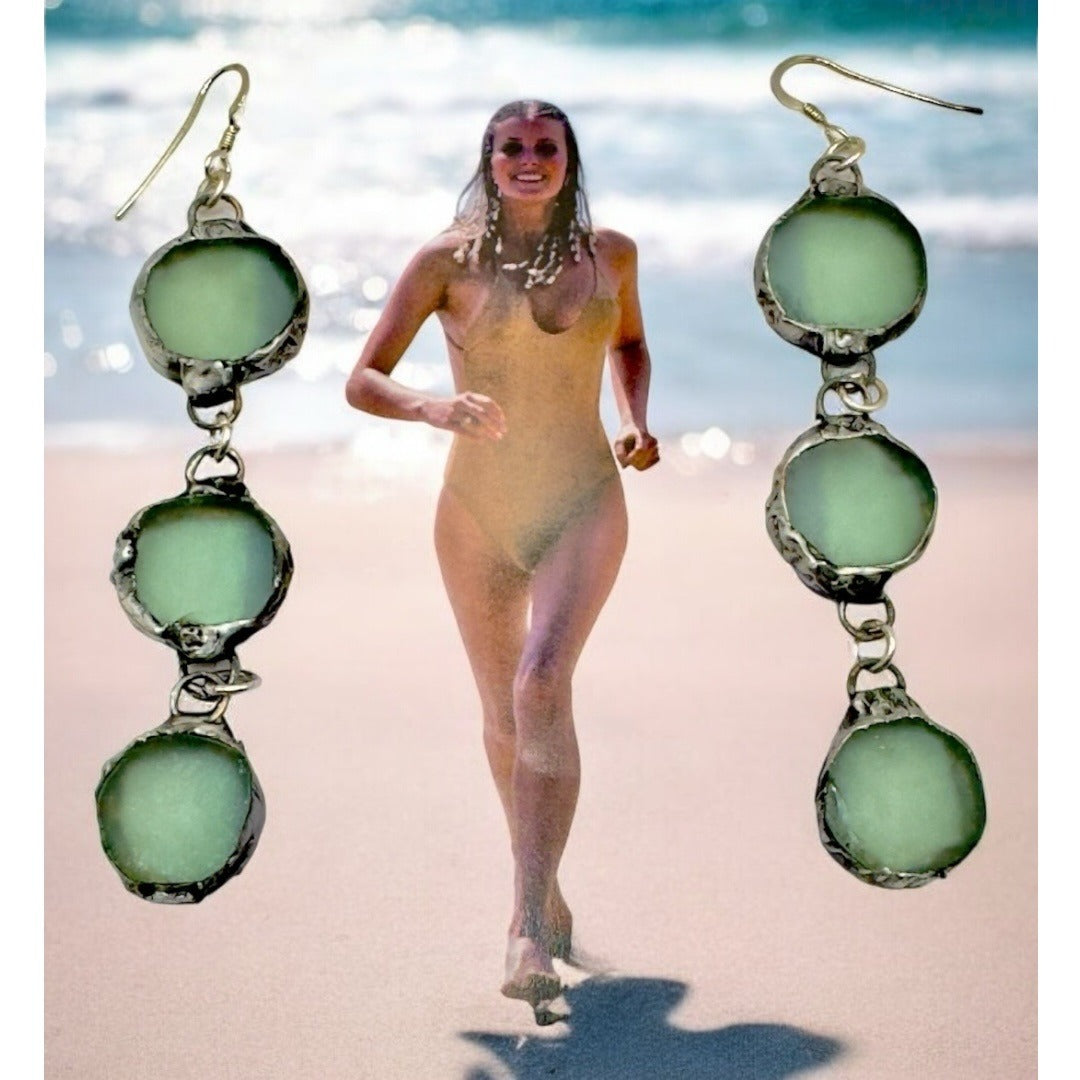 Triple Drop Sea Glass Artisan Earrings Caged in Silver- Blend Boho Metalwork