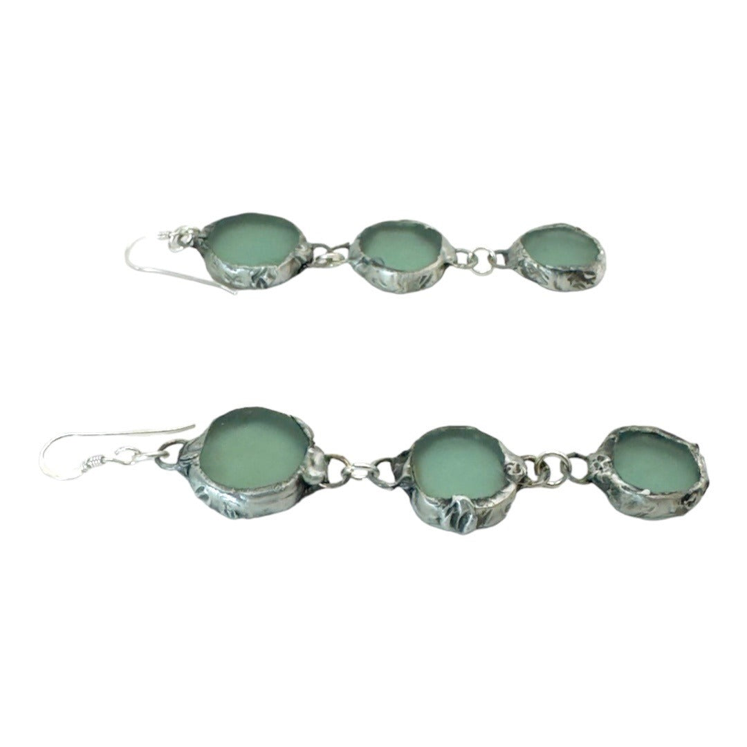 Triple Drop Sea Glass Artisan Earrings Caged in Silver- Blend Boho Metalwork