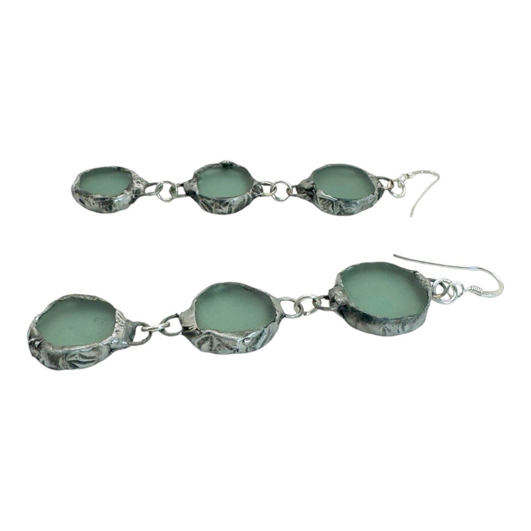 Triple Drop Sea Glass Artisan Earrings Caged in Silver- Blend Boho Metalwork