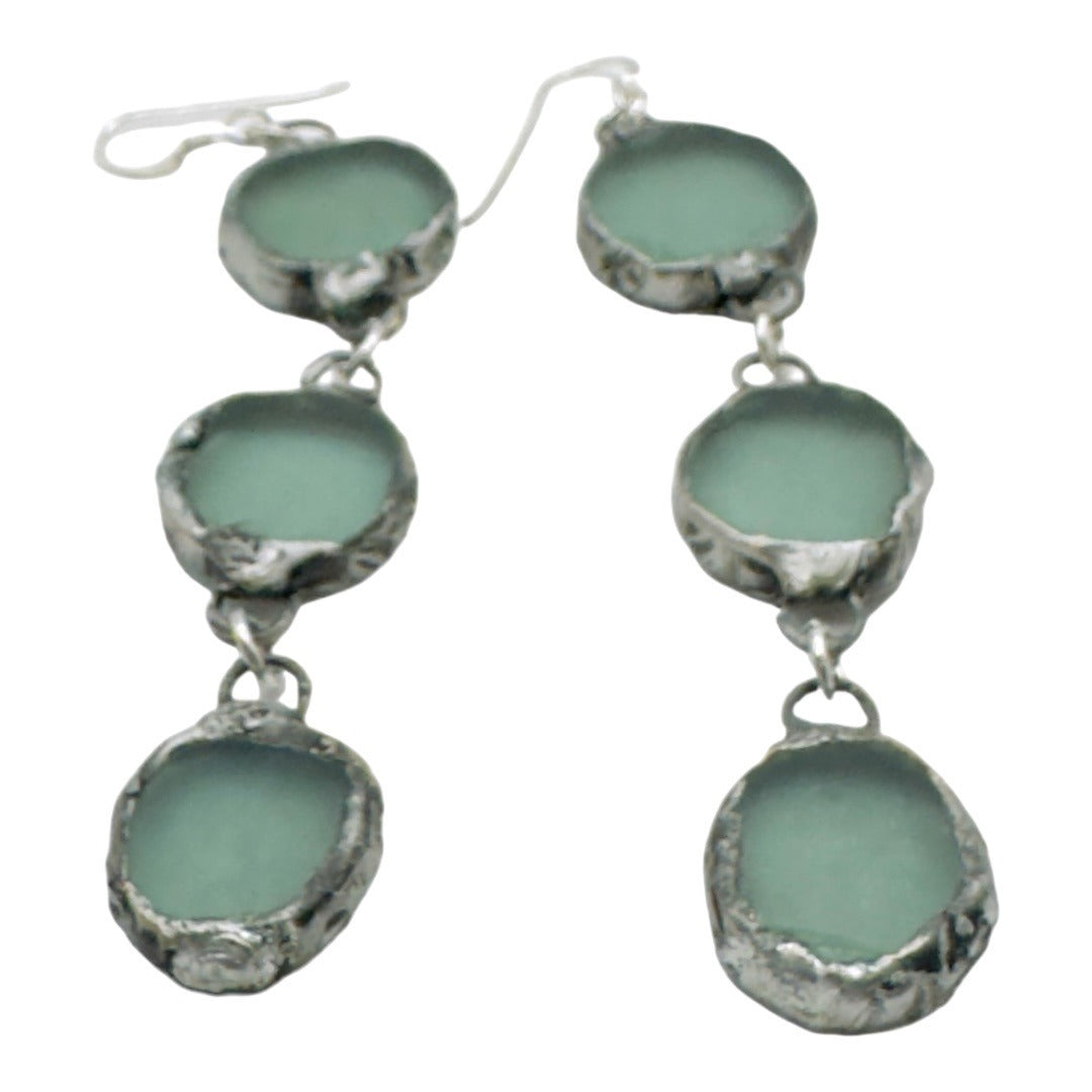 Triple Drop Sea Glass Artisan Earrings Caged in Silver- Blend Boho Metalwork