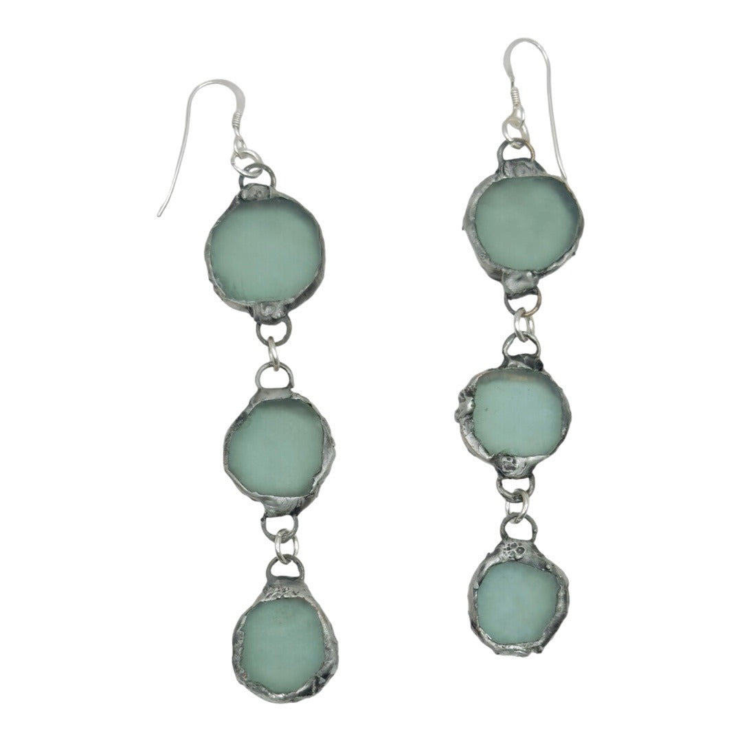 Triple Drop Sea Glass Artisan Earrings Caged in Silver- Blend Boho Metalwork
