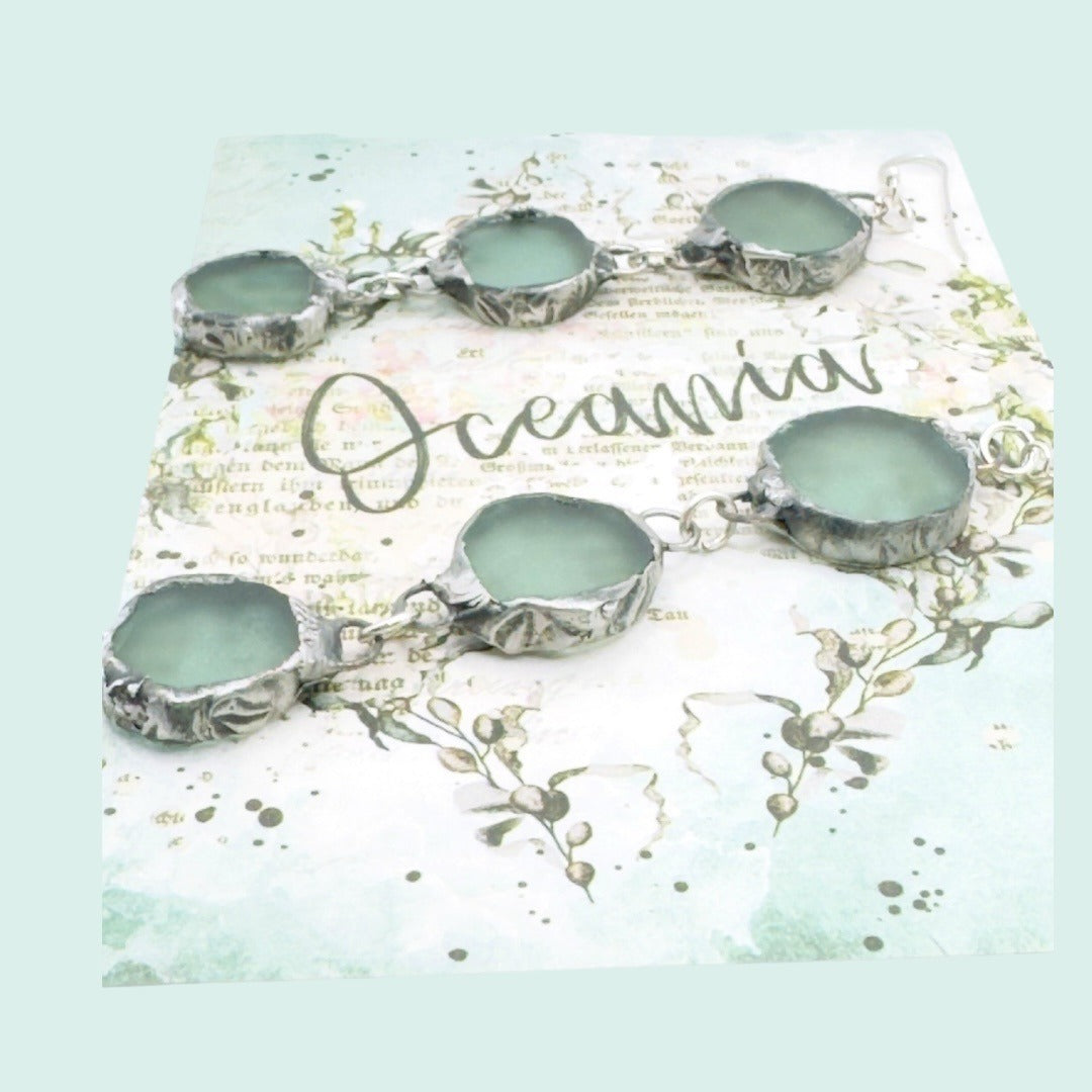 Triple Drop Sea Glass Artisan Earrings Caged in Silver- Blend Boho Metalwork