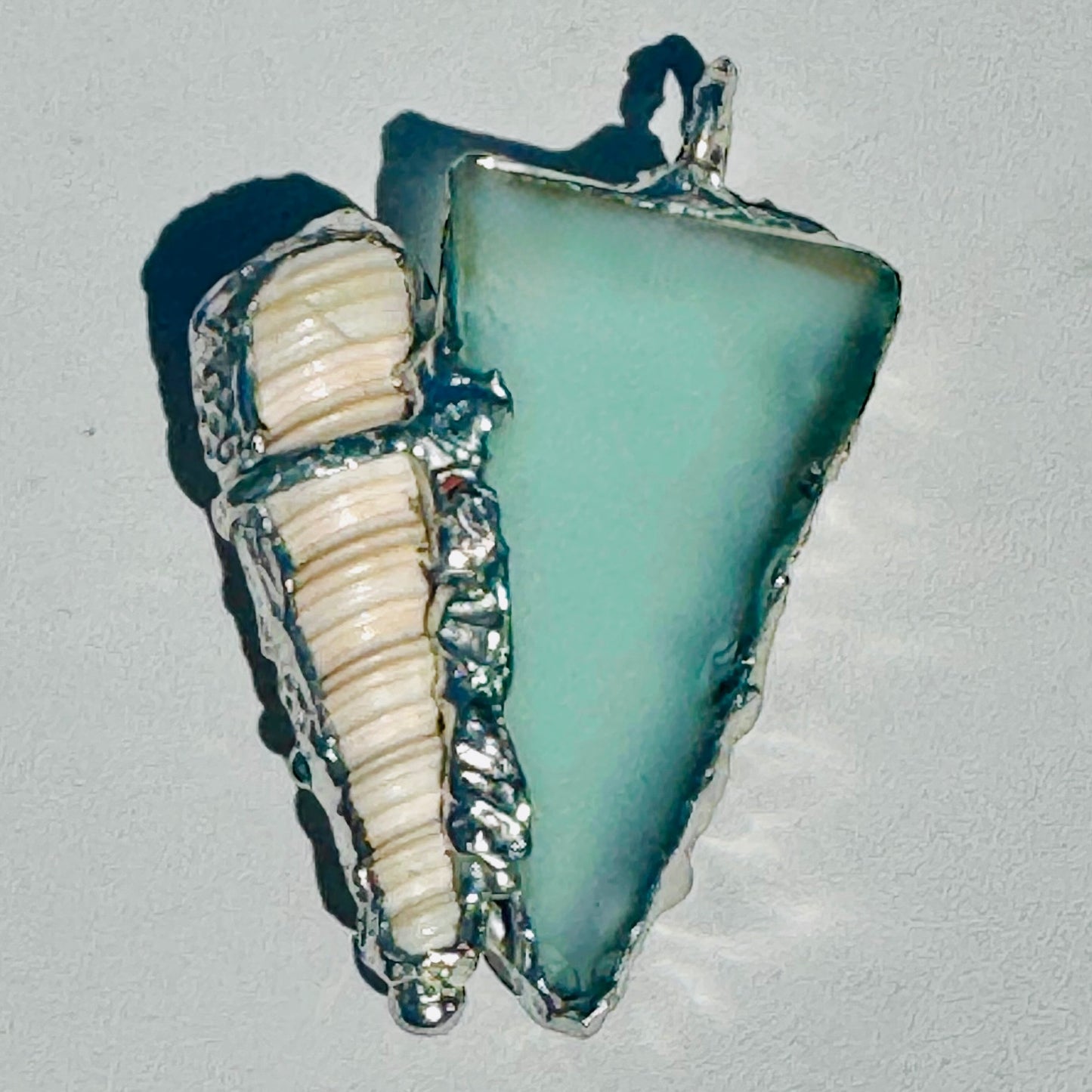 Sea Glass and Conch Pendant Encased with Intricate Silver Blend Boho-Metalwork