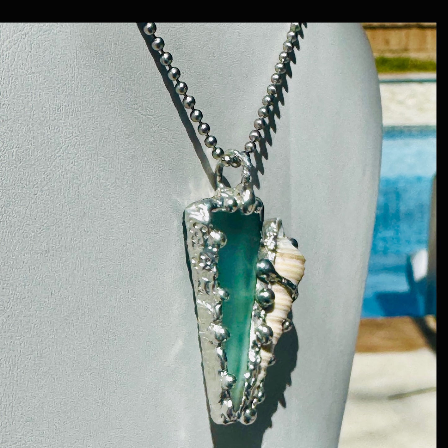 Sea Glass and Conch Pendant Encased with Intricate Silver Blend Boho-Metalwork